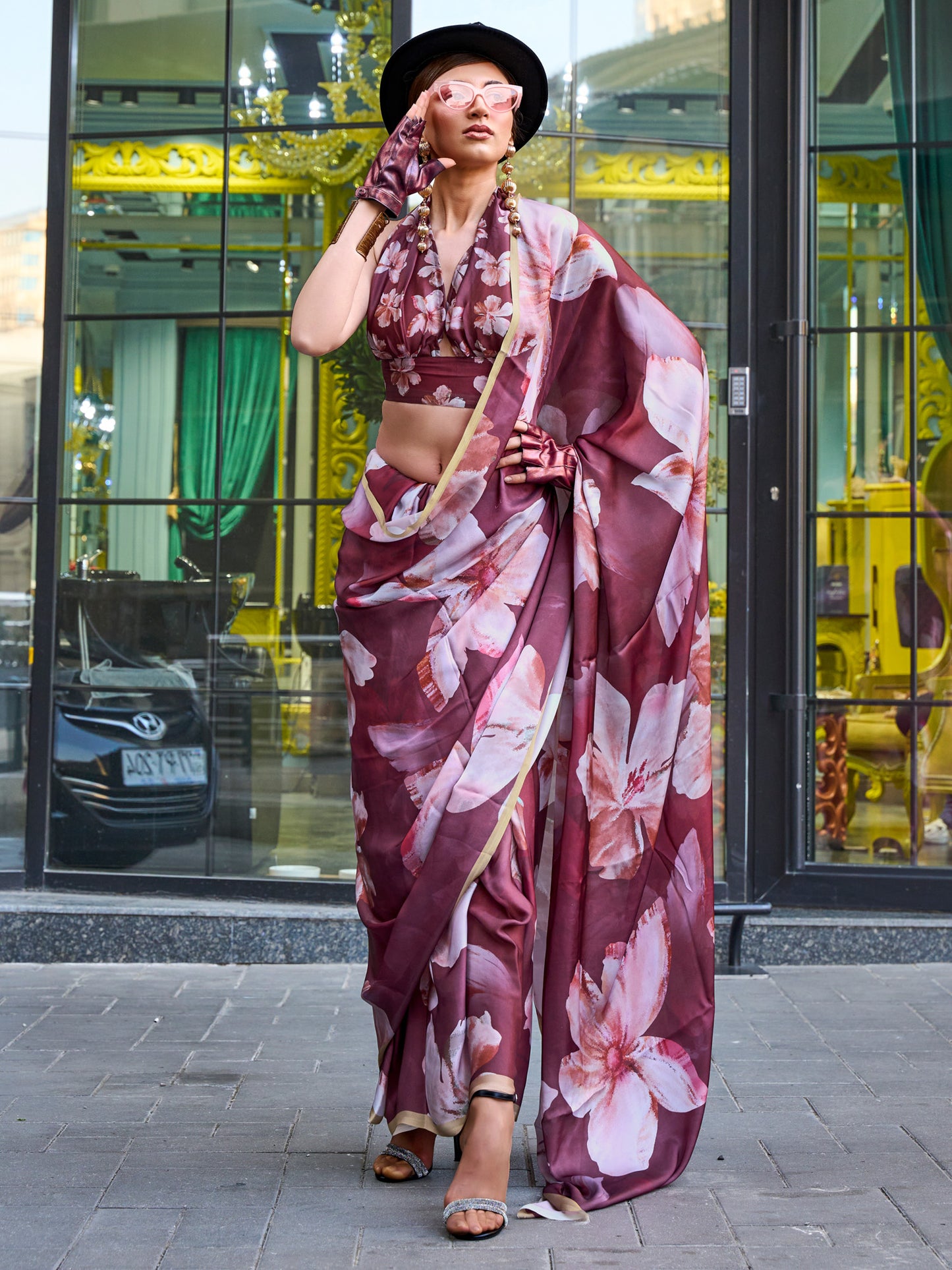 Women's Satin Silk Brown Printed Designer Saree With Blouse Piece