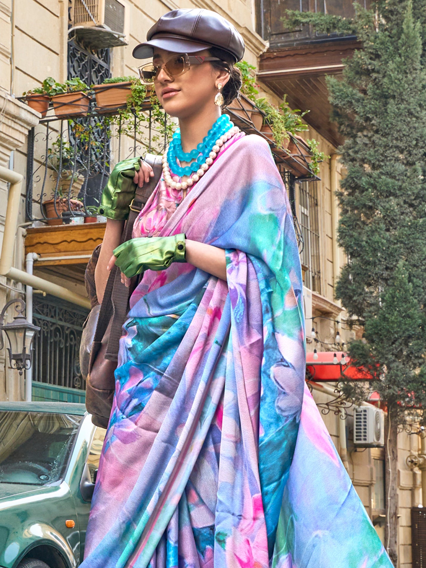 Women's Satin Silk Lavendar Printed Designer Saree With Blouse Piece
