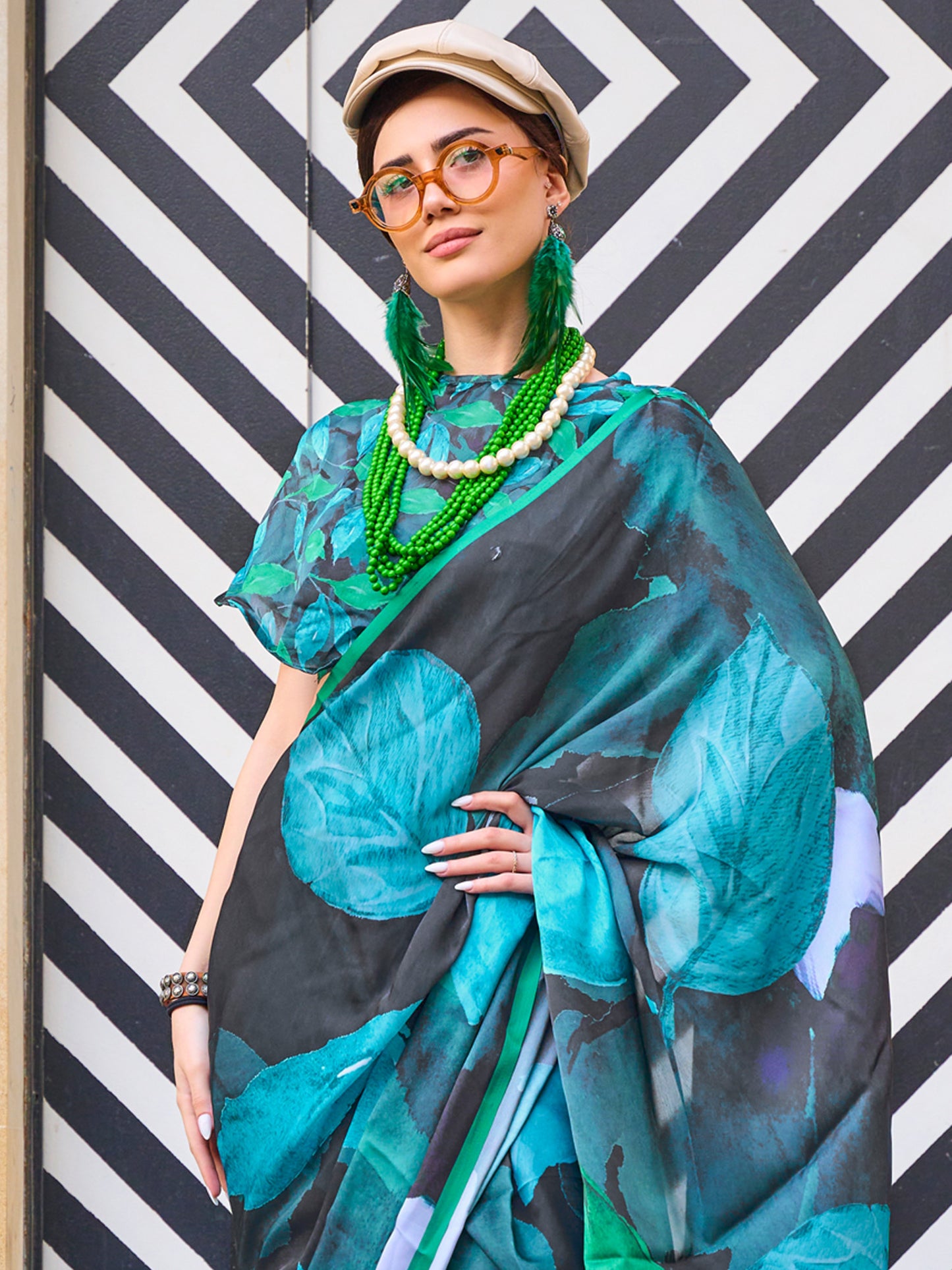 Women's Satin Silk Black Printed Designer Saree With Blouse Piece