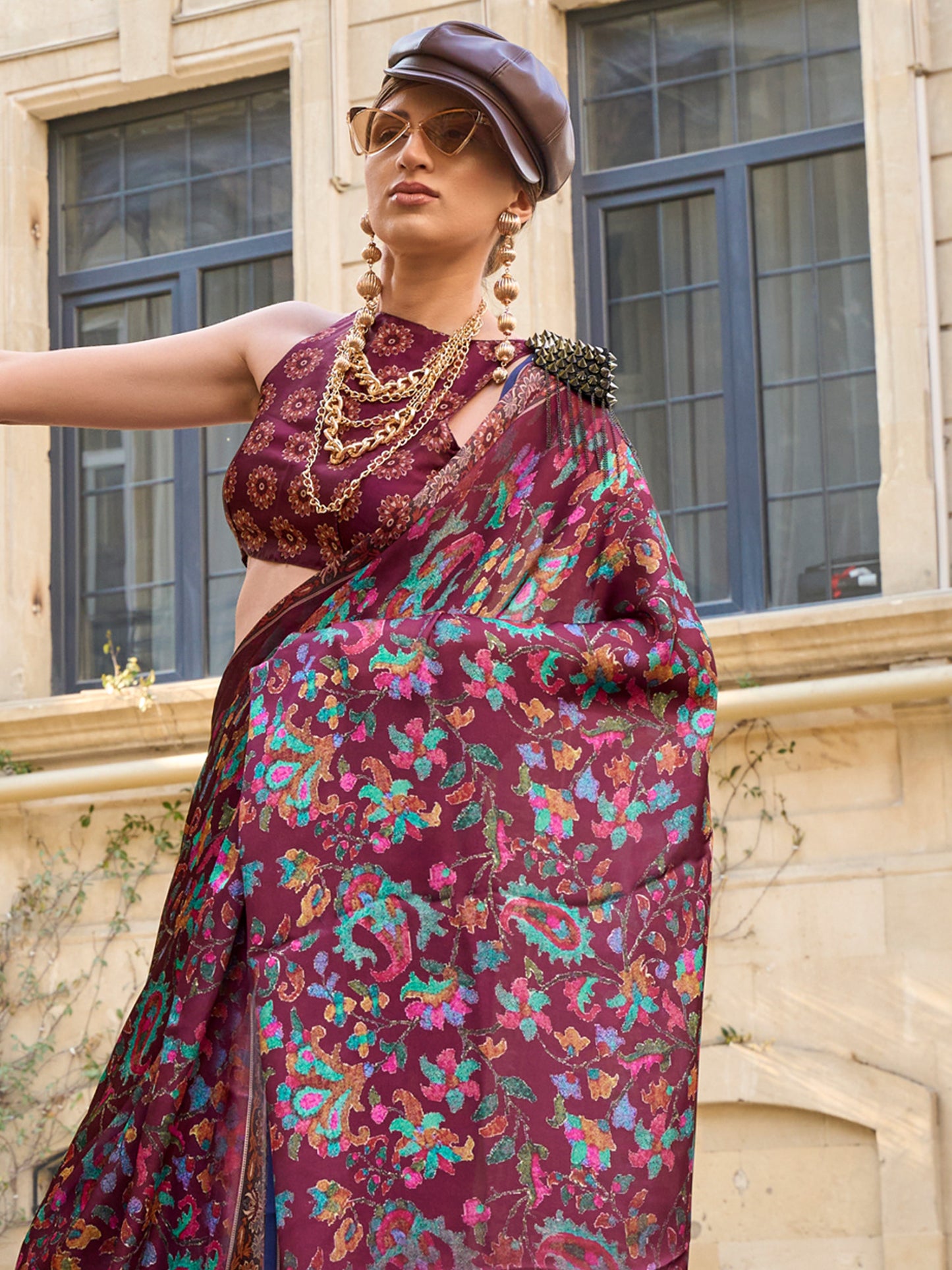 Women's Satin Silk Burgundy Printed Designer Saree With Blouse Piece