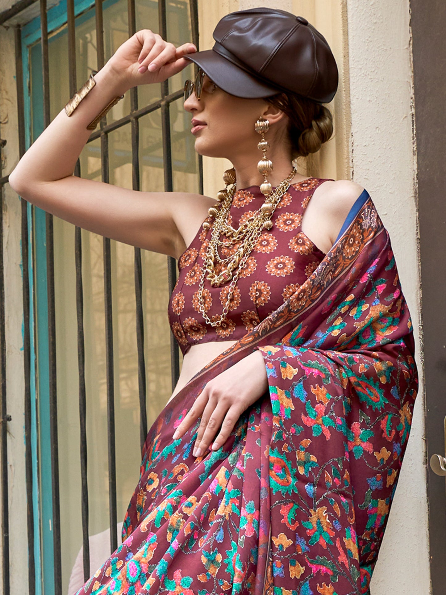 Women's Satin Silk Burgundy Printed Designer Saree With Blouse Piece