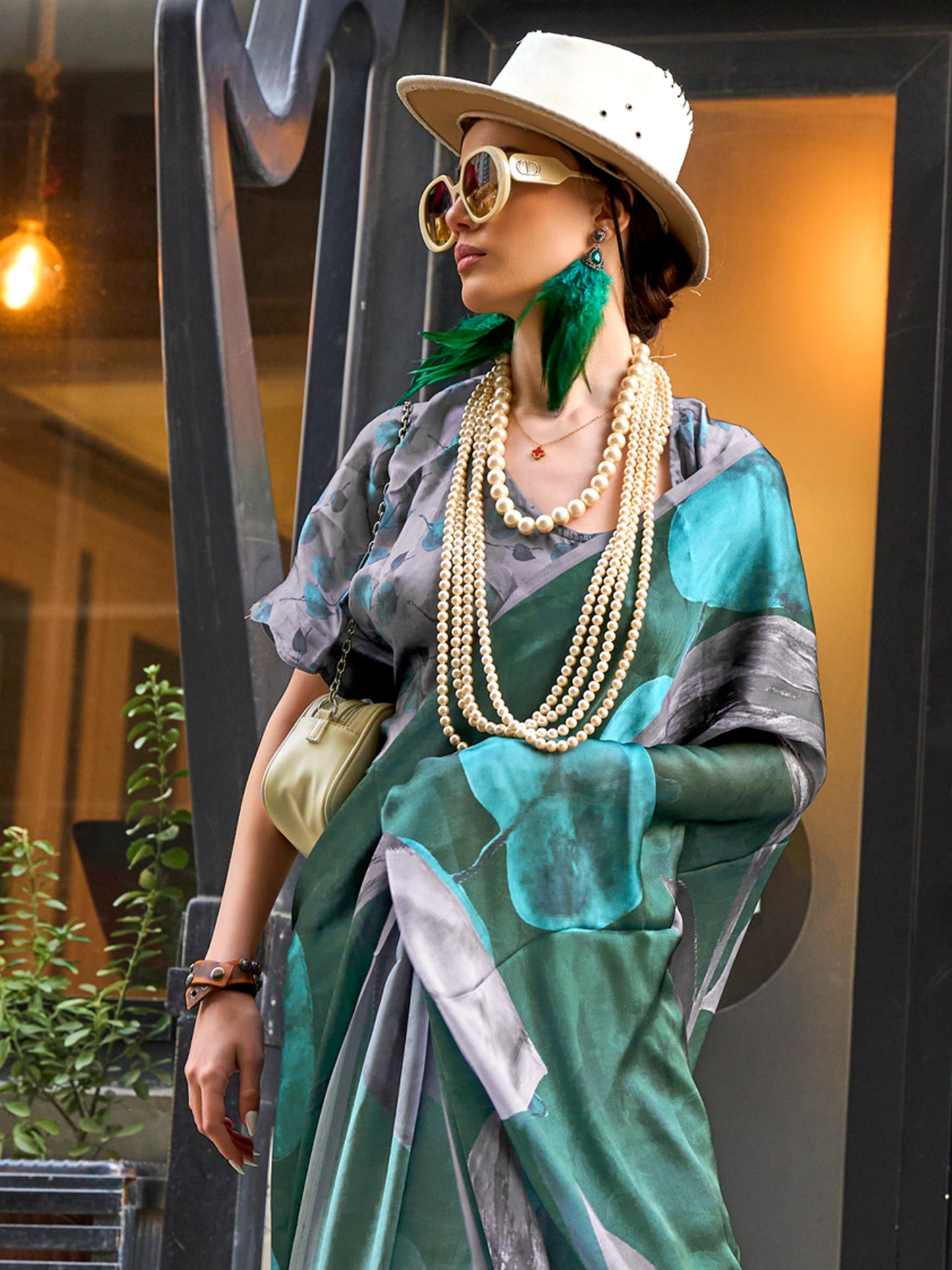 Women's Satin Silk Green Printed Designer Saree With Blouse Piece