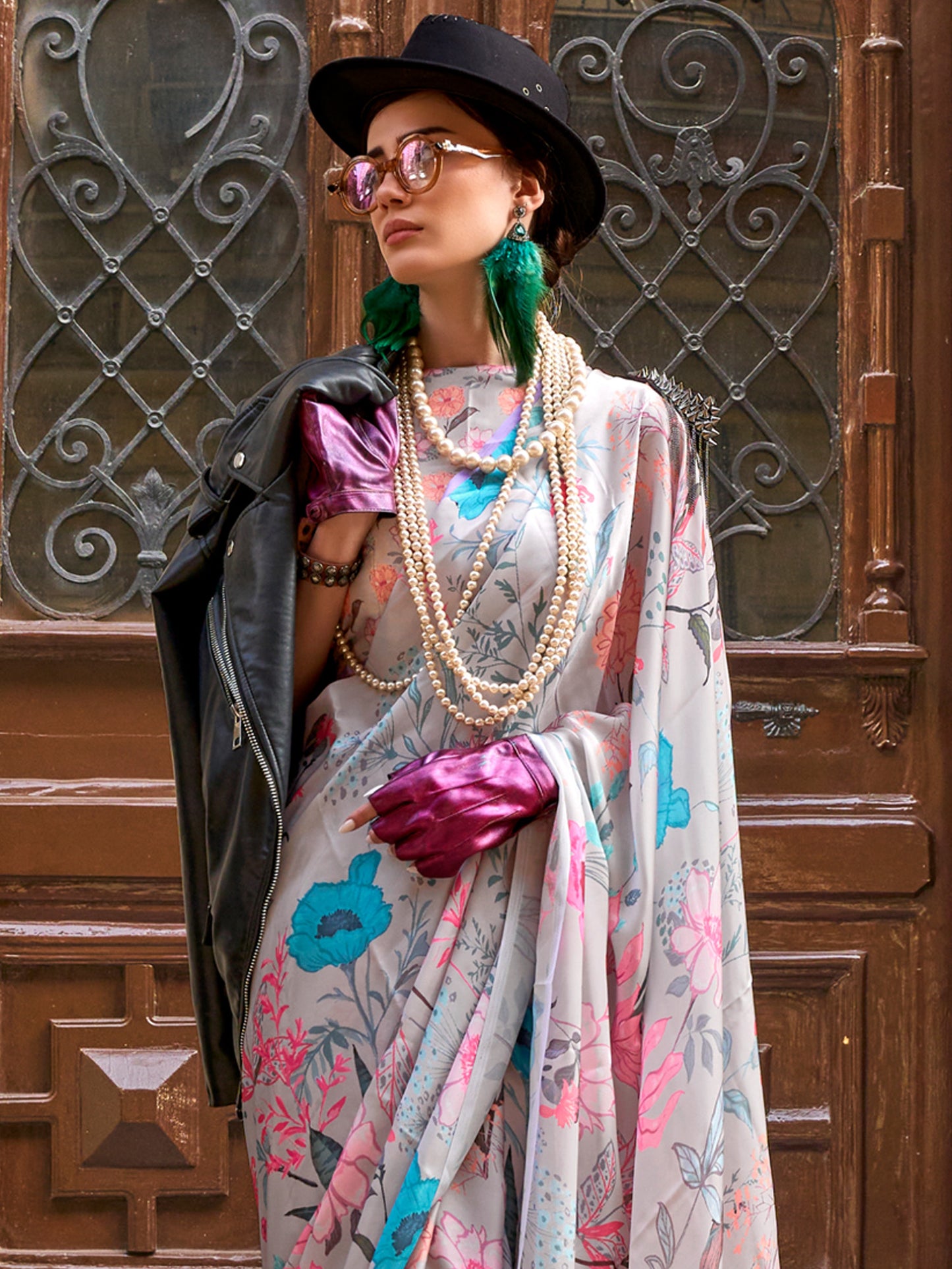 Women's Satin Silk Grey Printed Designer Saree With Blouse Piece