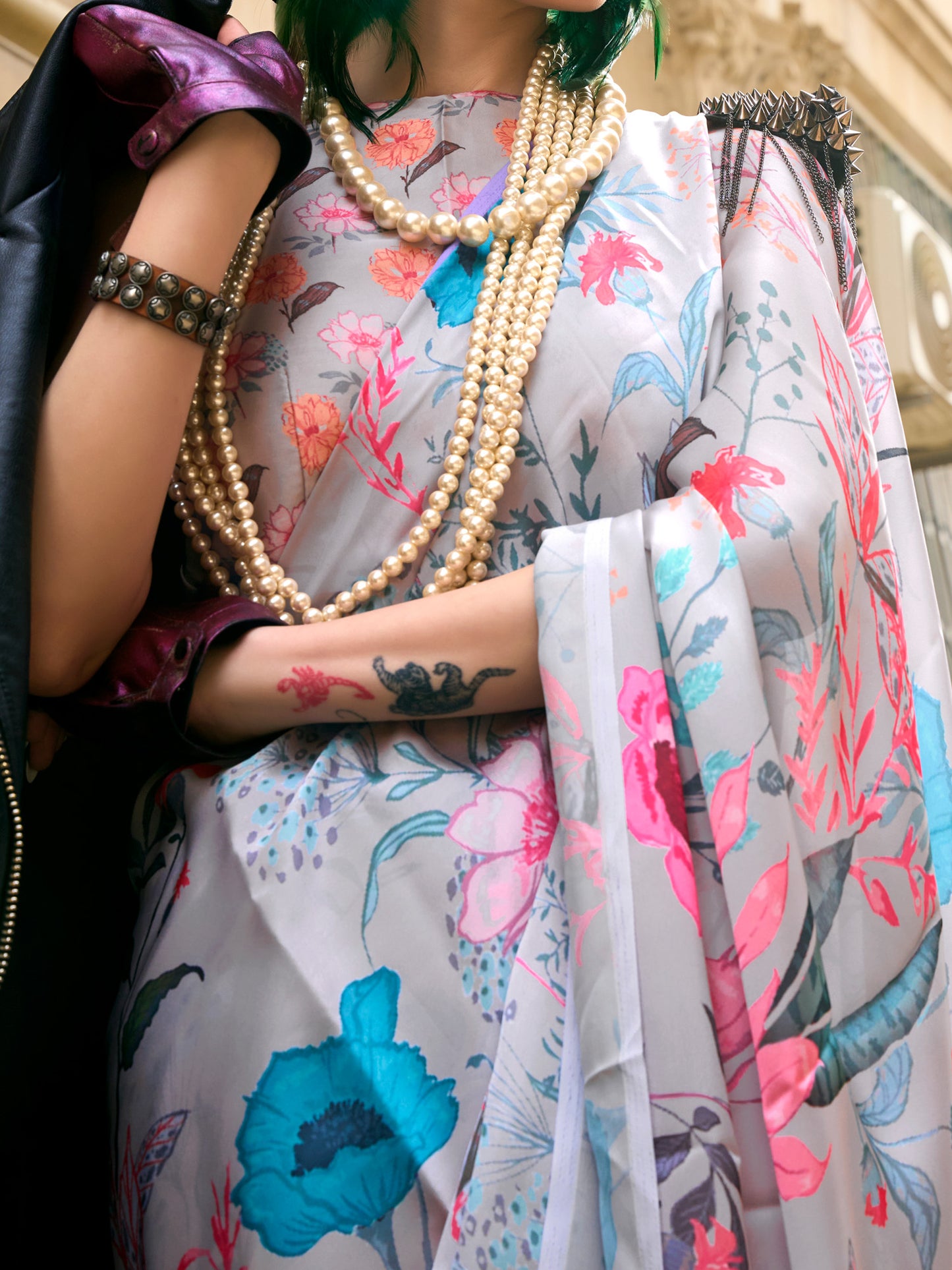 Women's Satin Silk Grey Printed Designer Saree With Blouse Piece