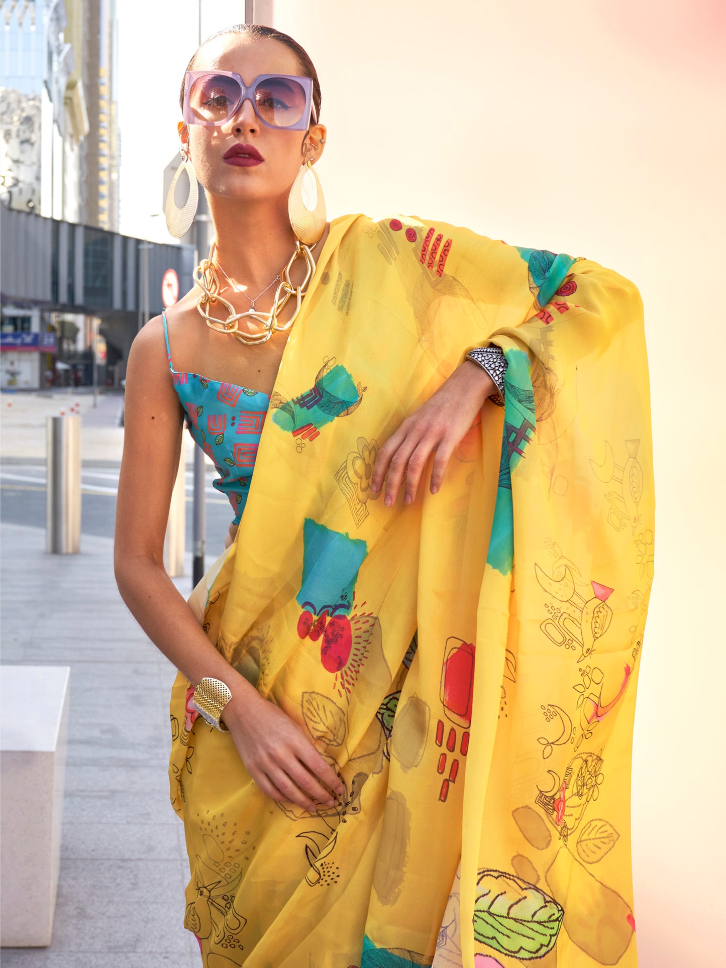 Women's Satin Silk Yellow Printed Designer Saree With Blouse Piece