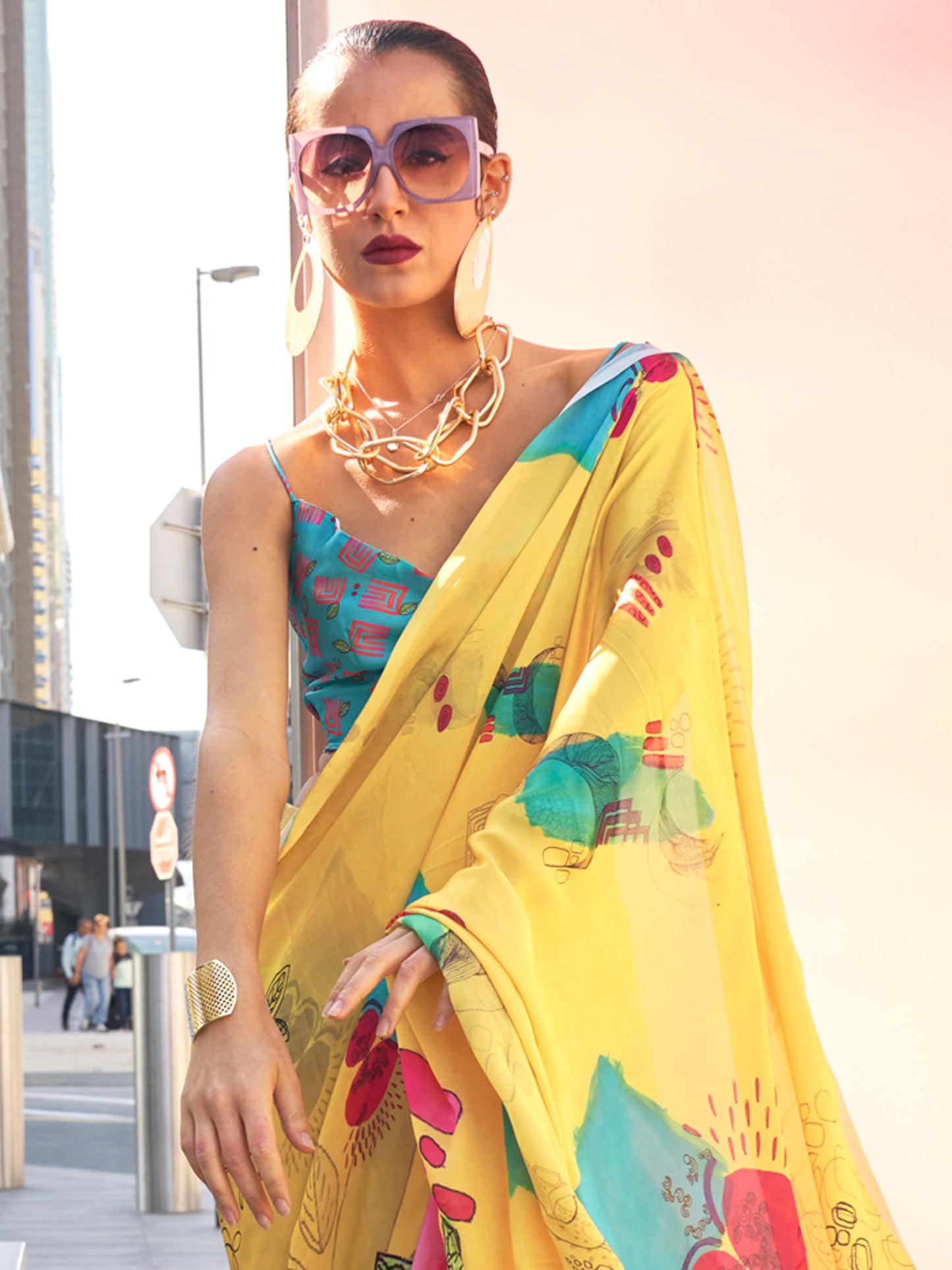 Women's Satin Silk Yellow Printed Designer Saree With Blouse Piece