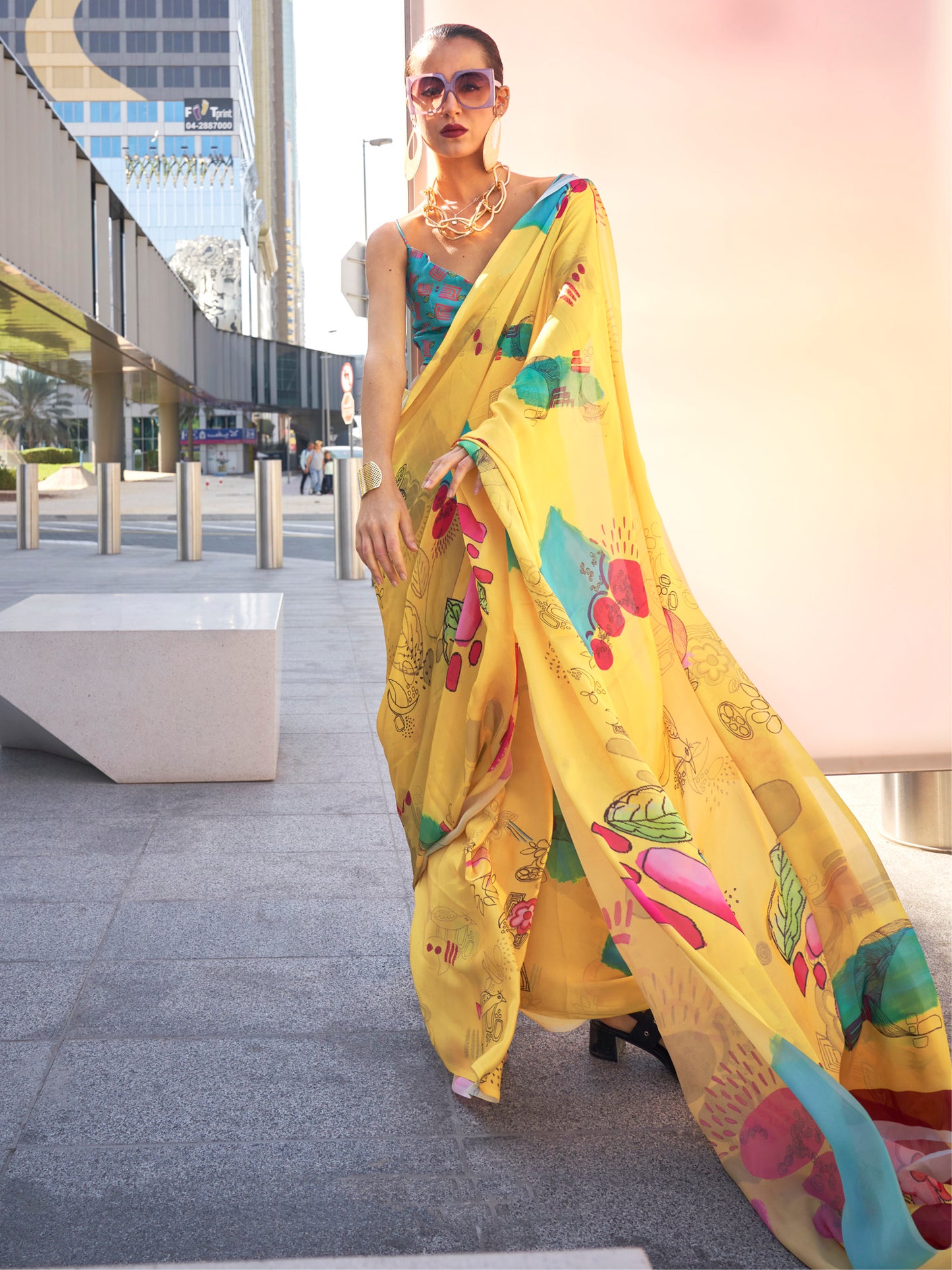 Women's Satin Silk Yellow Printed Designer Saree With Blouse Piece