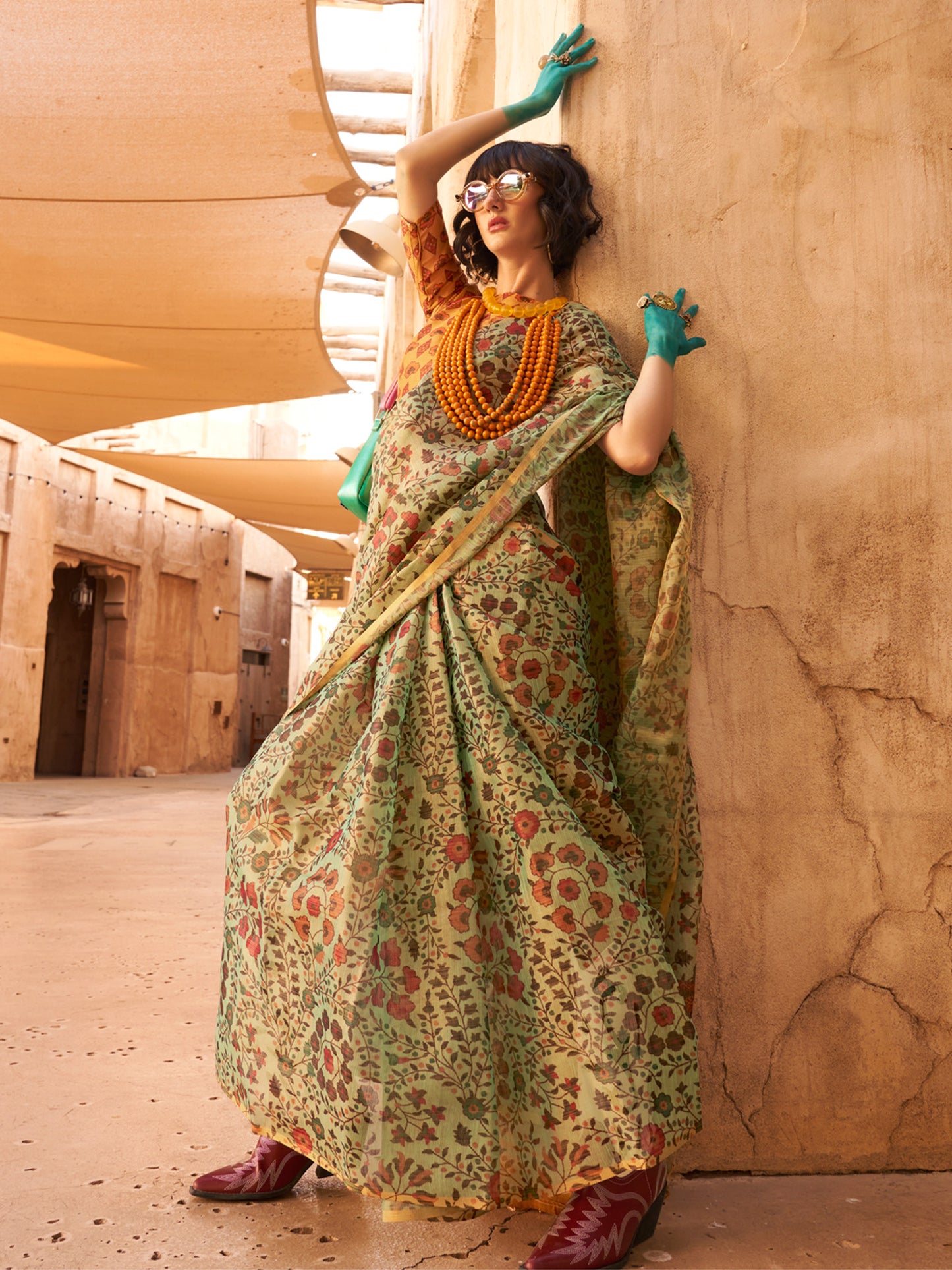 Women's Tissue Light Green Printed Designer Saree With Blouse Piece