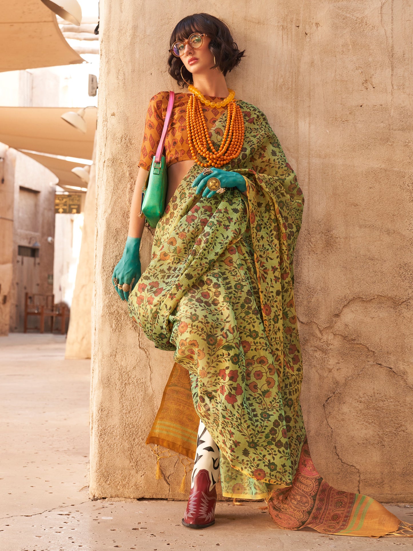 Women's Tissue Light Green Printed Designer Saree With Blouse Piece