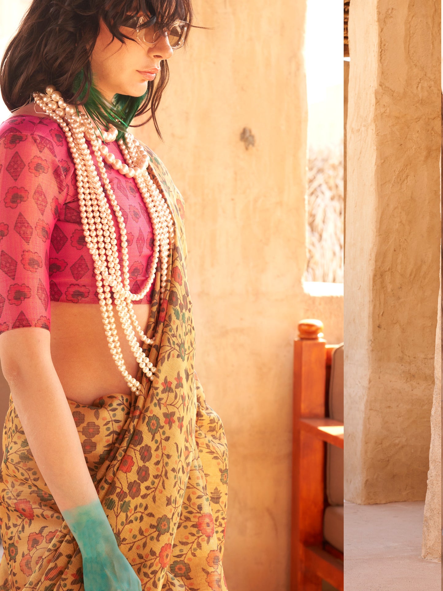Women's Tissue Mustard Printed Designer Saree With Blouse Piece