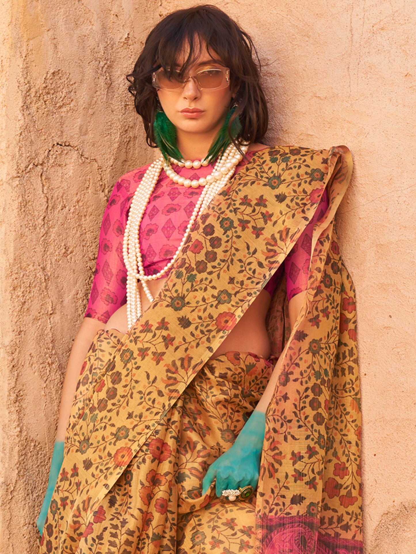 Women's Tissue Mustard Printed Designer Saree With Blouse Piece