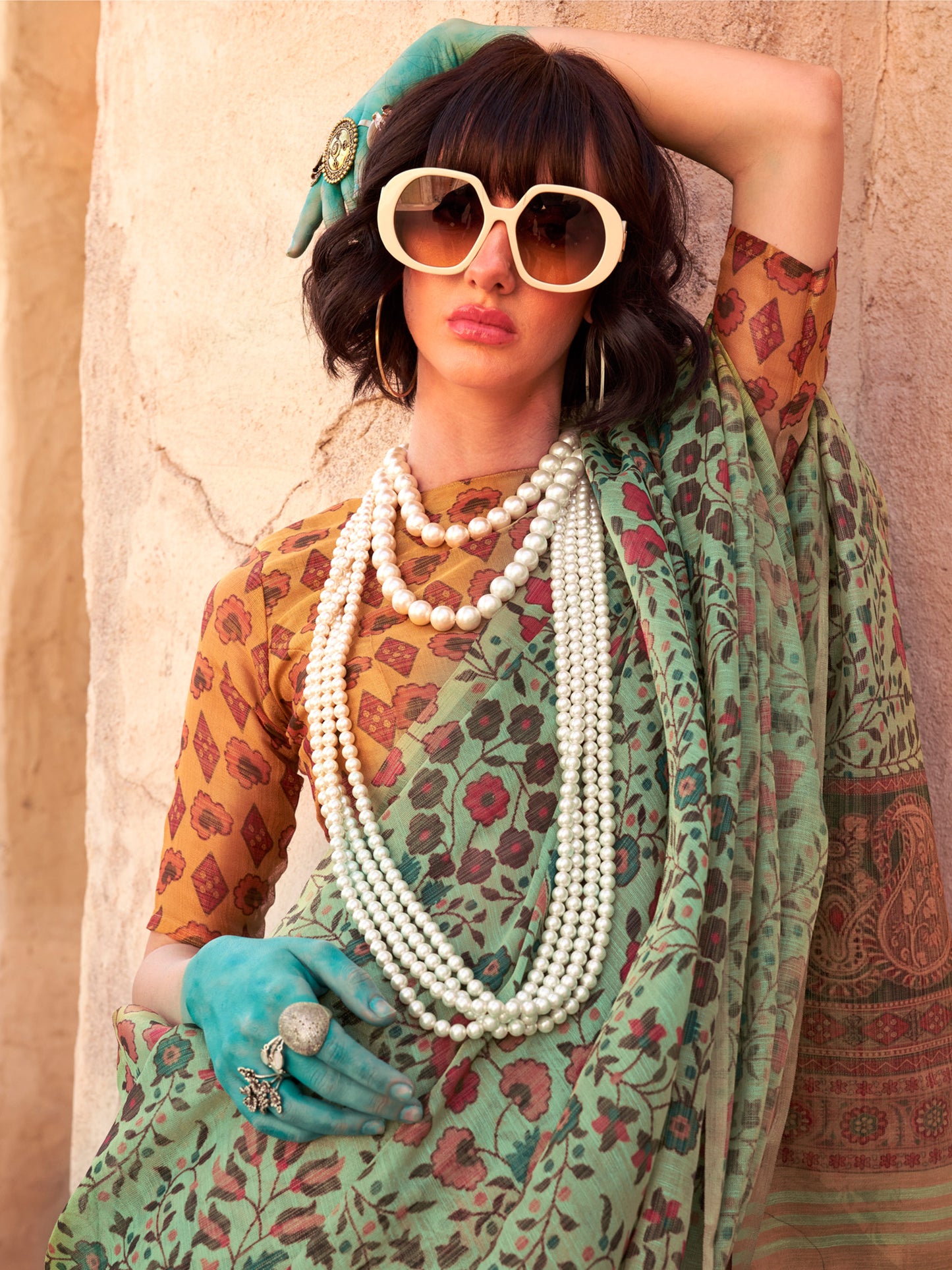 Women's Tissue Sea Green Printed Designer Saree With Blouse Piece