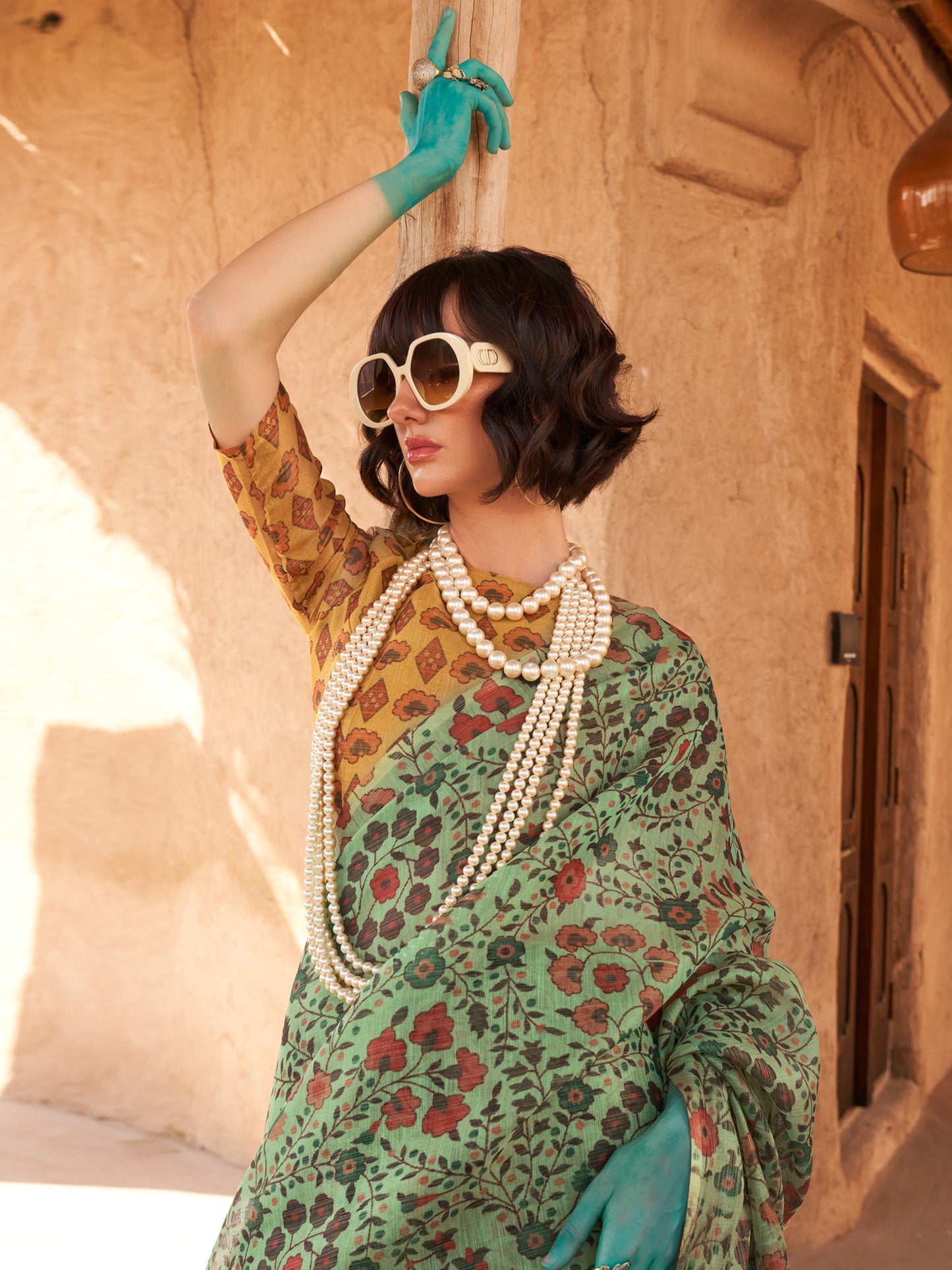 Women's Tissue Sea Green Printed Designer Saree With Blouse Piece