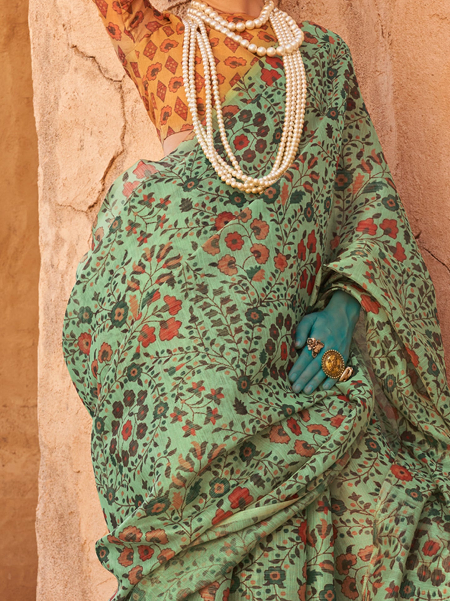 Women's Tissue Sea Green Printed Designer Saree With Blouse Piece