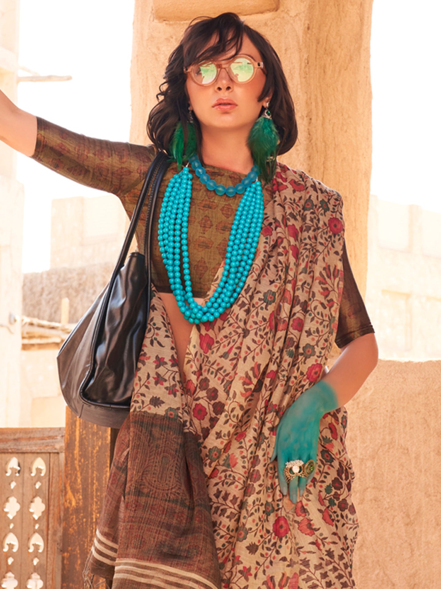 Women's Tissue Cream Printed Designer Saree With Blouse Piece