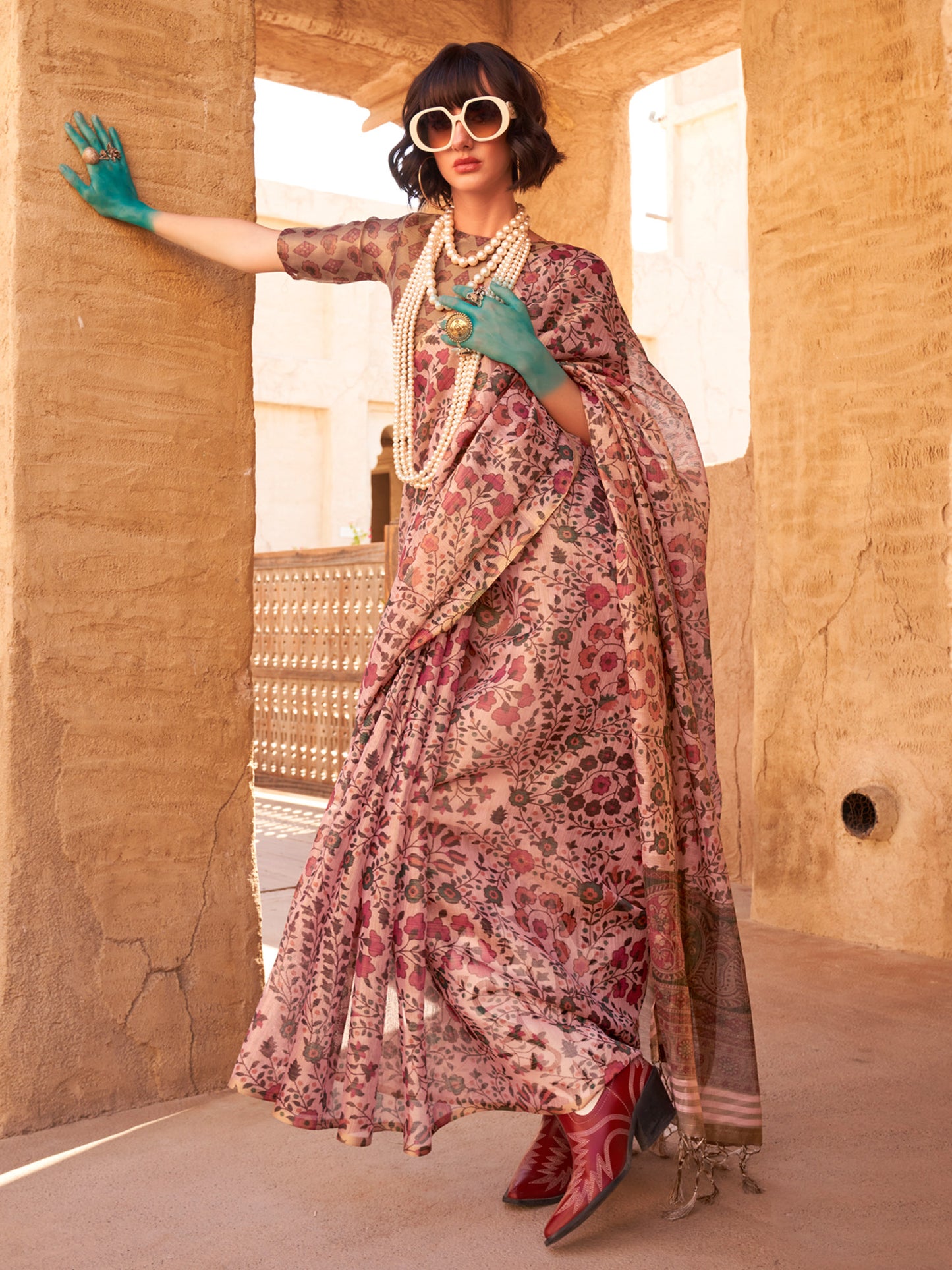 Women's Tissue Mauve Printed Designer Saree With Blouse Piece