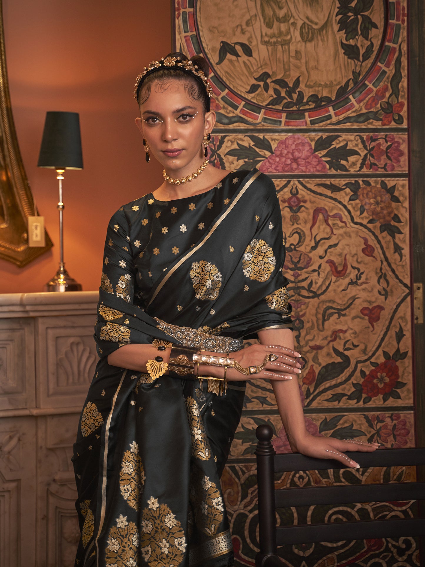 Women's Silk Blend Black Woven Design Designer Saree With Blouse Piece