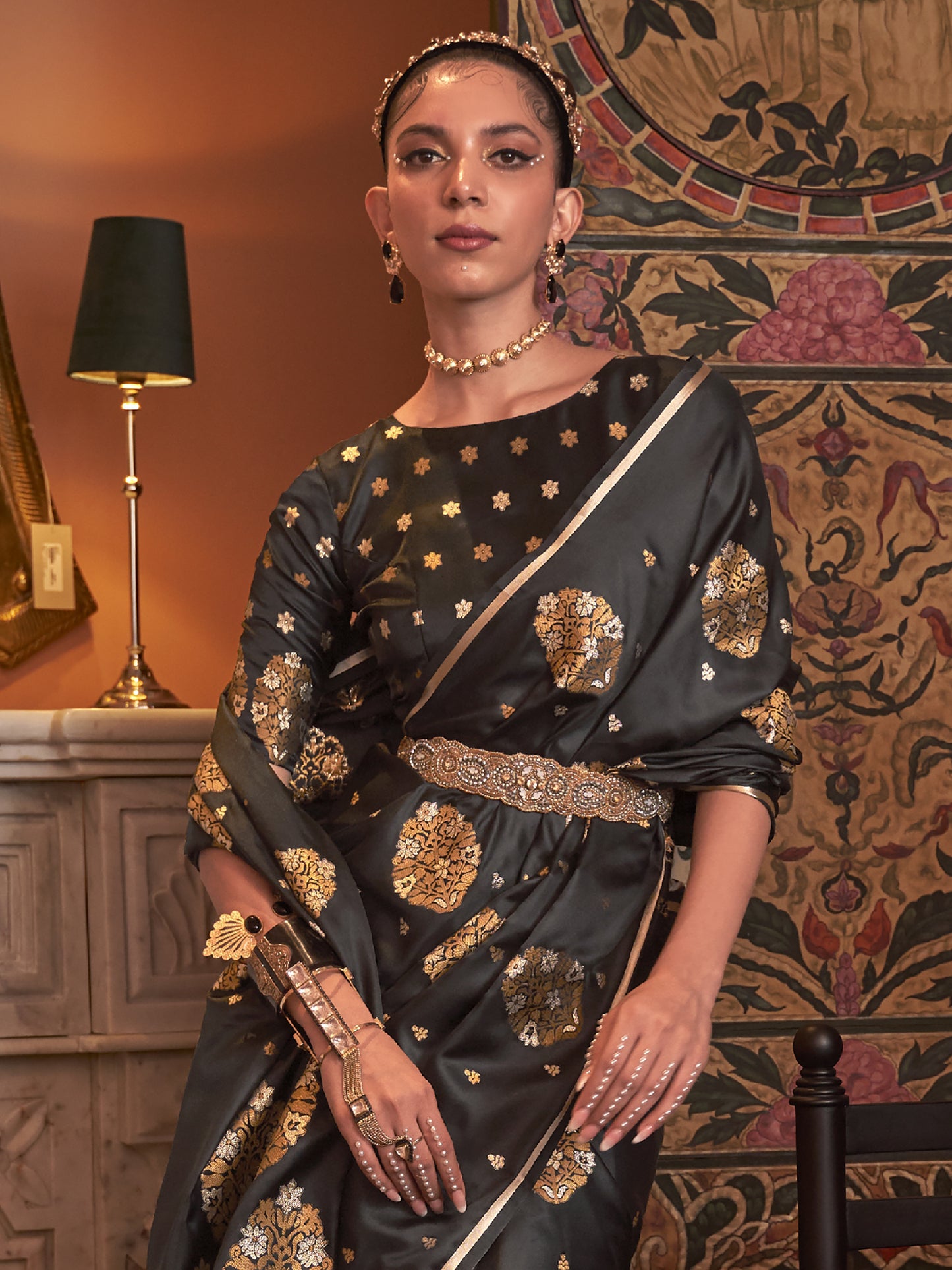 Women's Silk Blend Black Woven Design Designer Saree With Blouse Piece