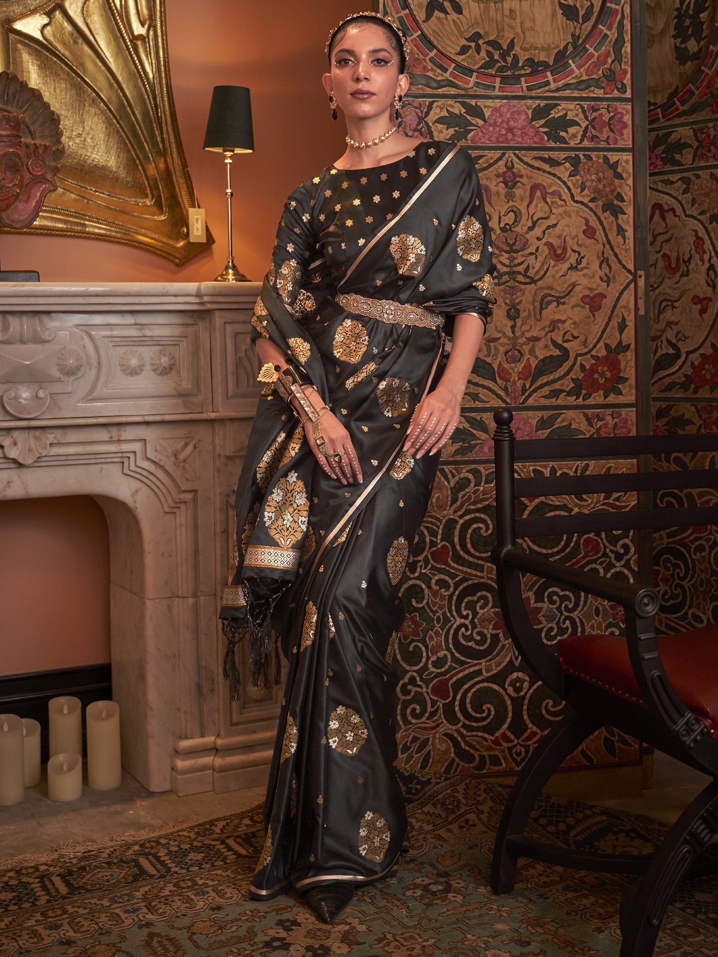 Women's Silk Blend Black Woven Design Designer Saree With Blouse Piece