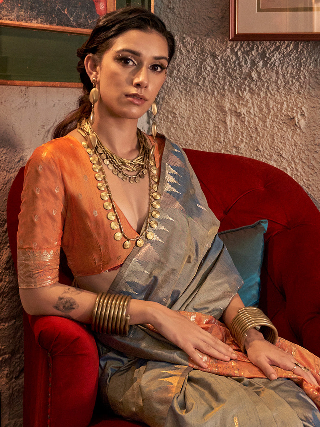 Women's Tussar Silk Peach Woven Design Designer Saree With Blouse Piece