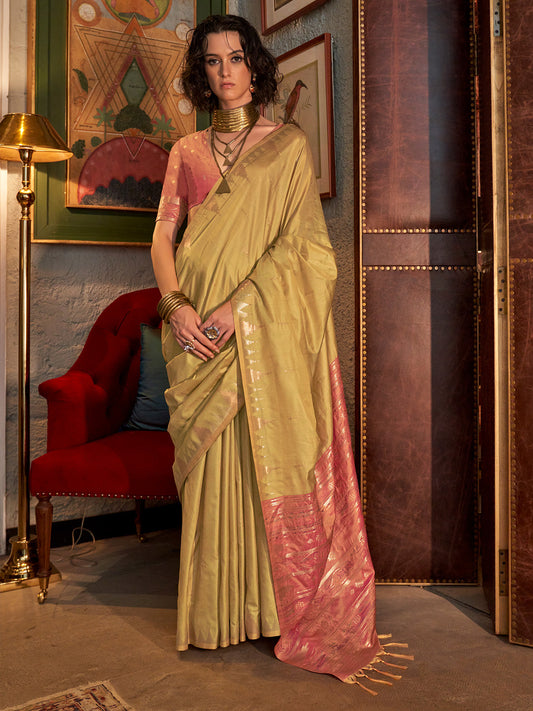 Women's Tussar Silk Pink Woven Design Designer Saree With Blouse Piece