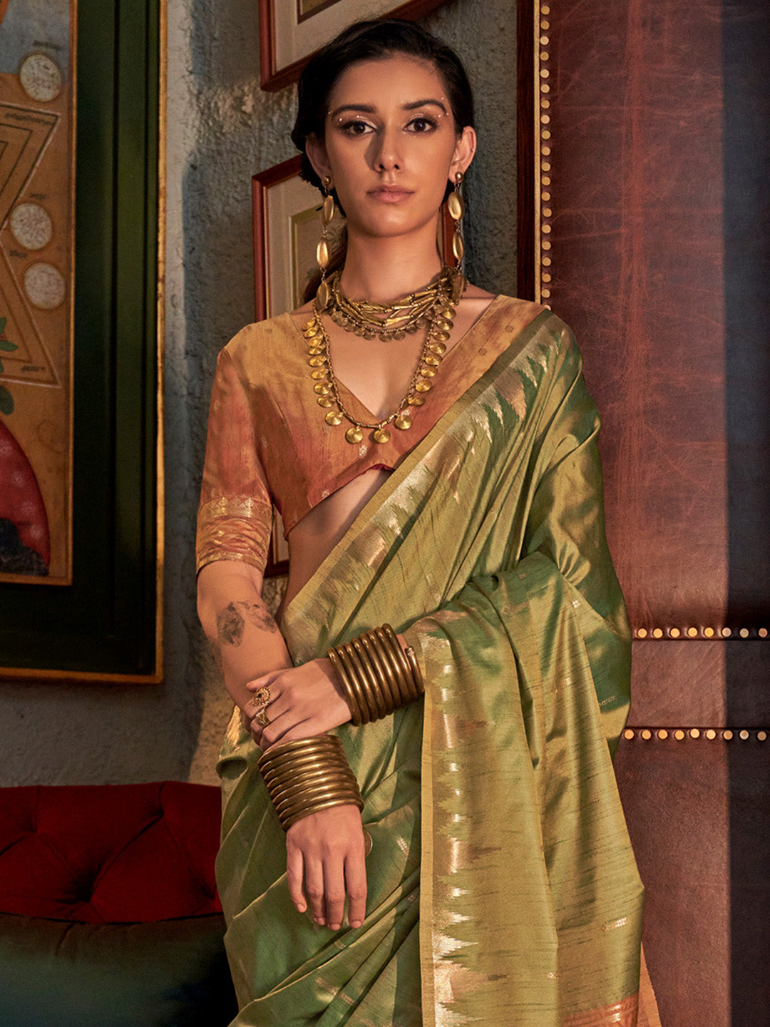 Women's Tussar Silk Brown Woven Design Designer Saree With Blouse Piece