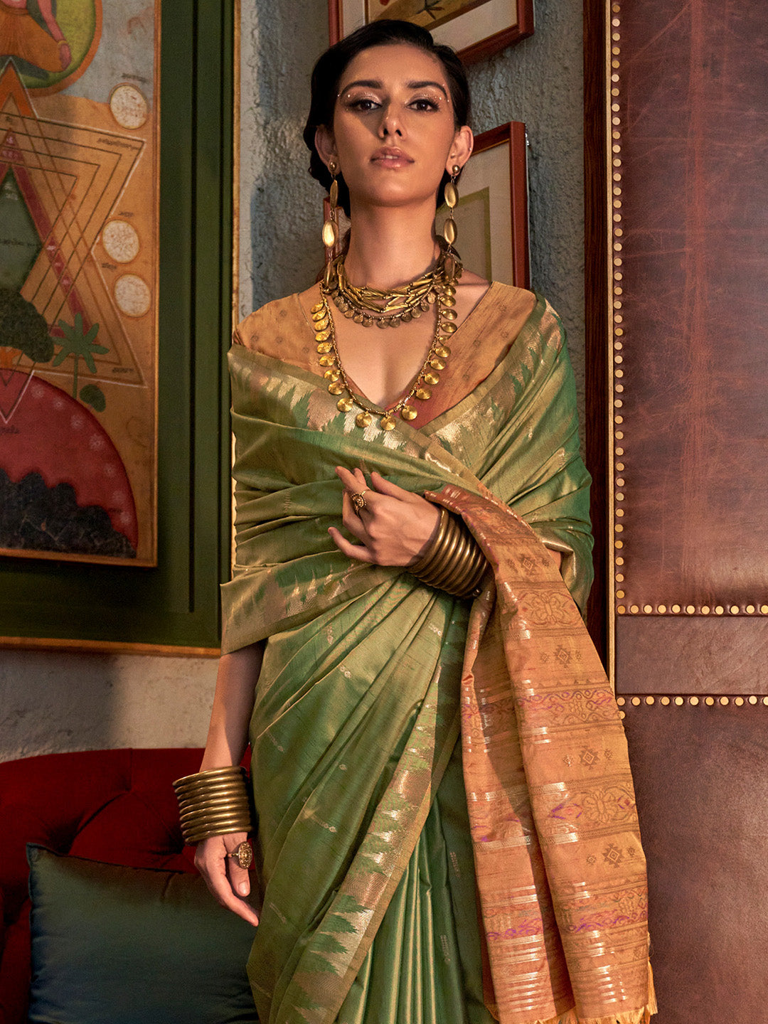 Women's Tussar Silk Brown Woven Design Designer Saree With Blouse Piece