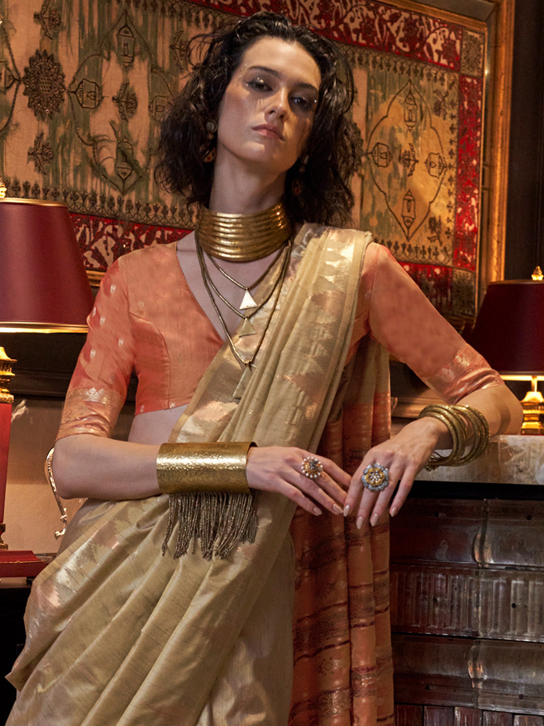 Women's Tussar Silk Orange Woven Design Designer Saree With Blouse Piece