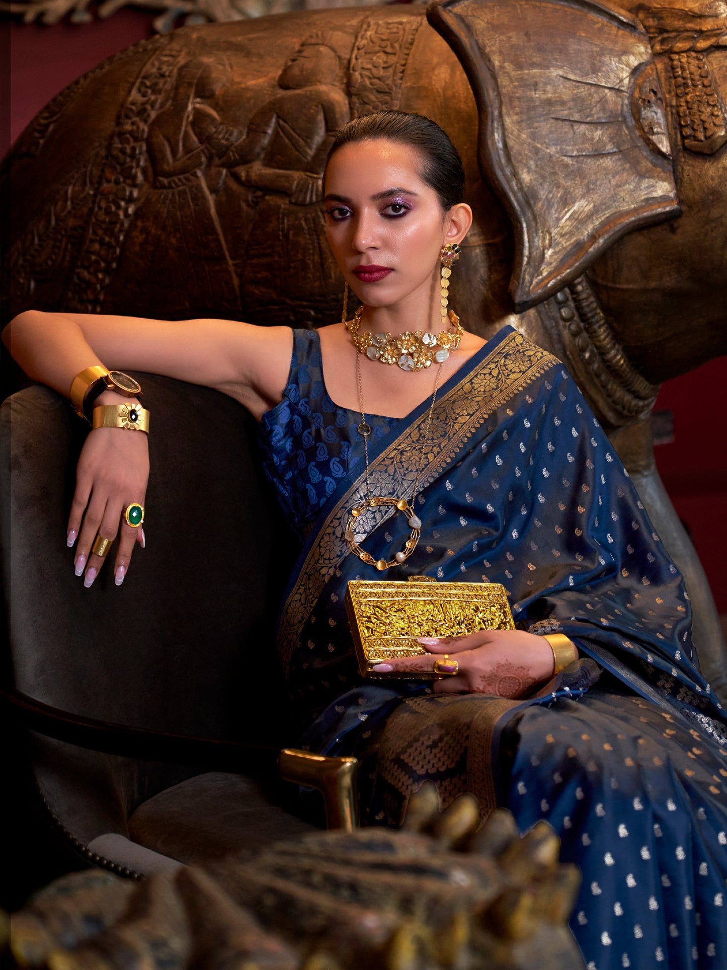 Women's Satin Silk Navy Blue Woven Design Designer Saree With Blouse Piece