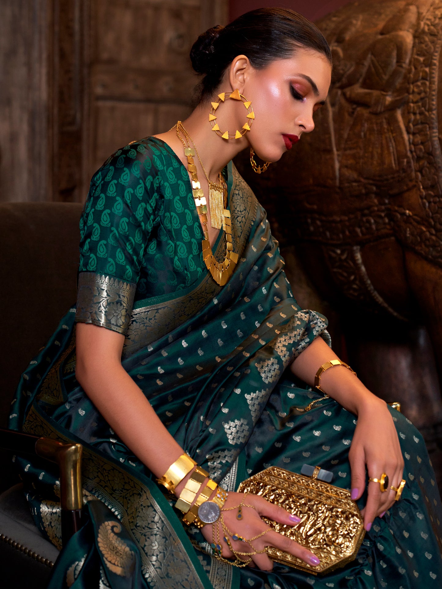 Women's Satin Silk Dark Green Woven Design Designer Saree With Blouse Piece