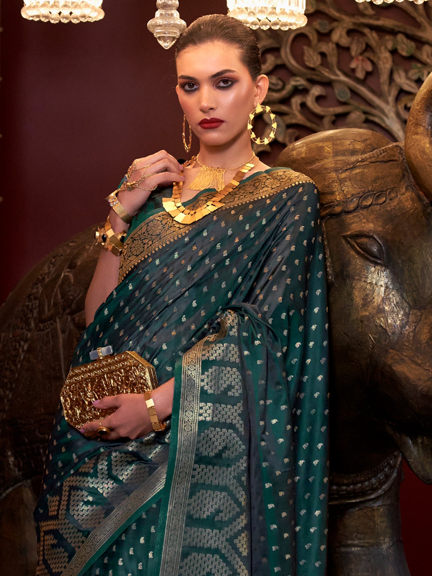 Women's Satin Silk Dark Green Woven Design Designer Saree With Blouse Piece
