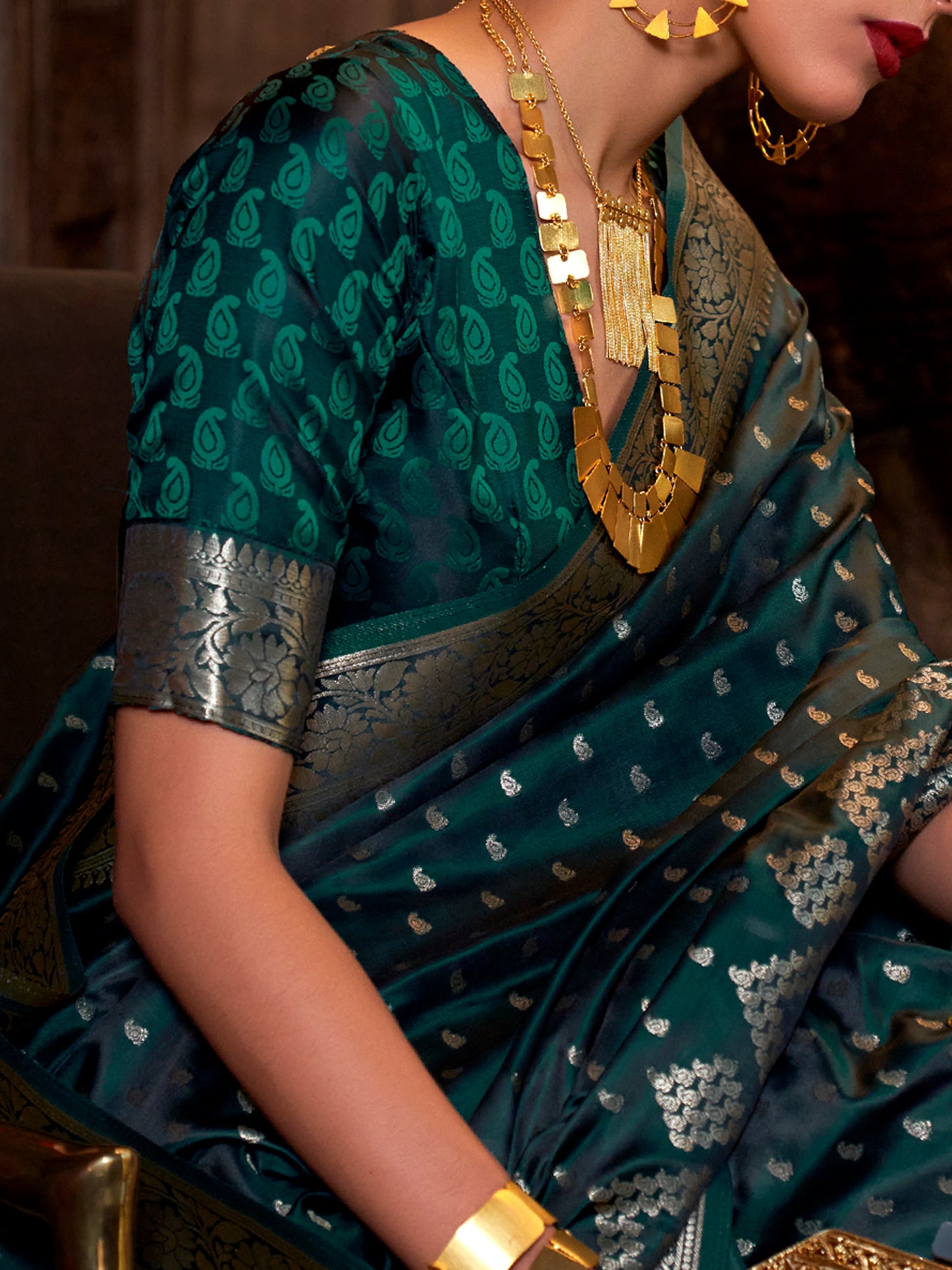 Women's Satin Silk Dark Green Woven Design Designer Saree With Blouse Piece