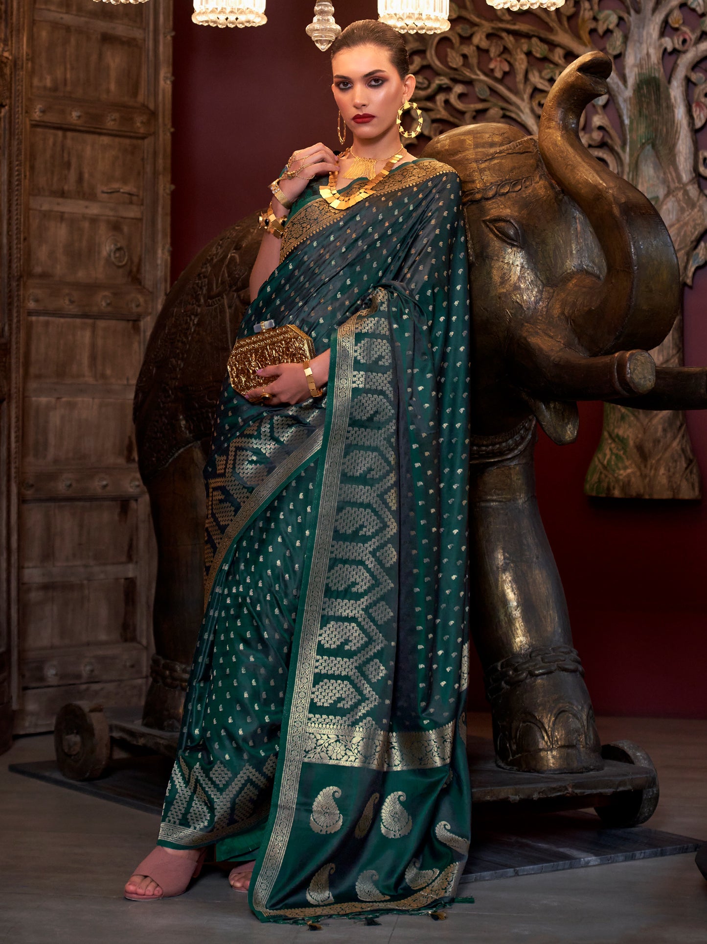 Women's Satin Silk Dark Green Woven Design Designer Saree With Blouse Piece