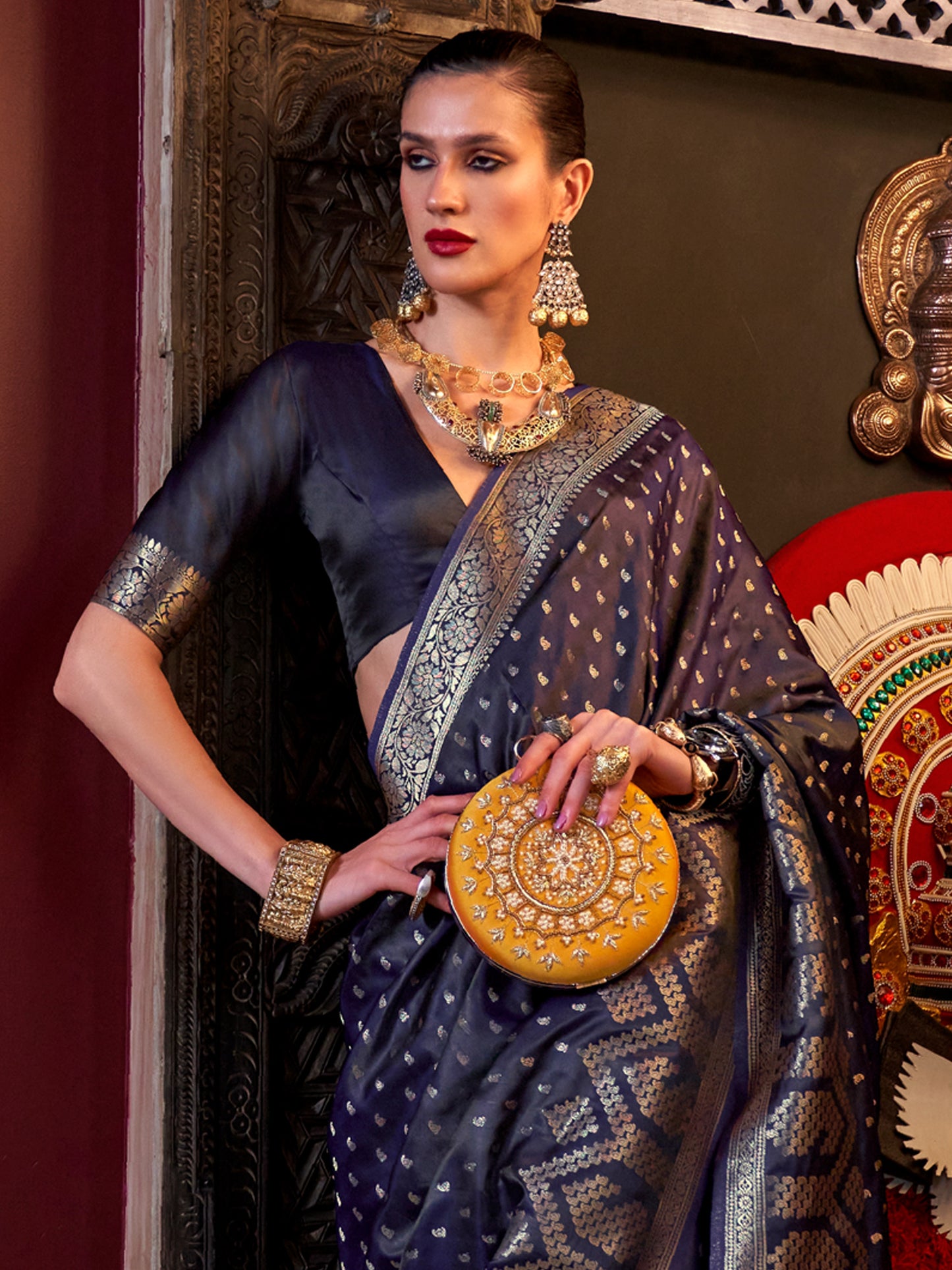 Women's Satin Silk Purple Woven Design Designer Saree With Blouse Piece