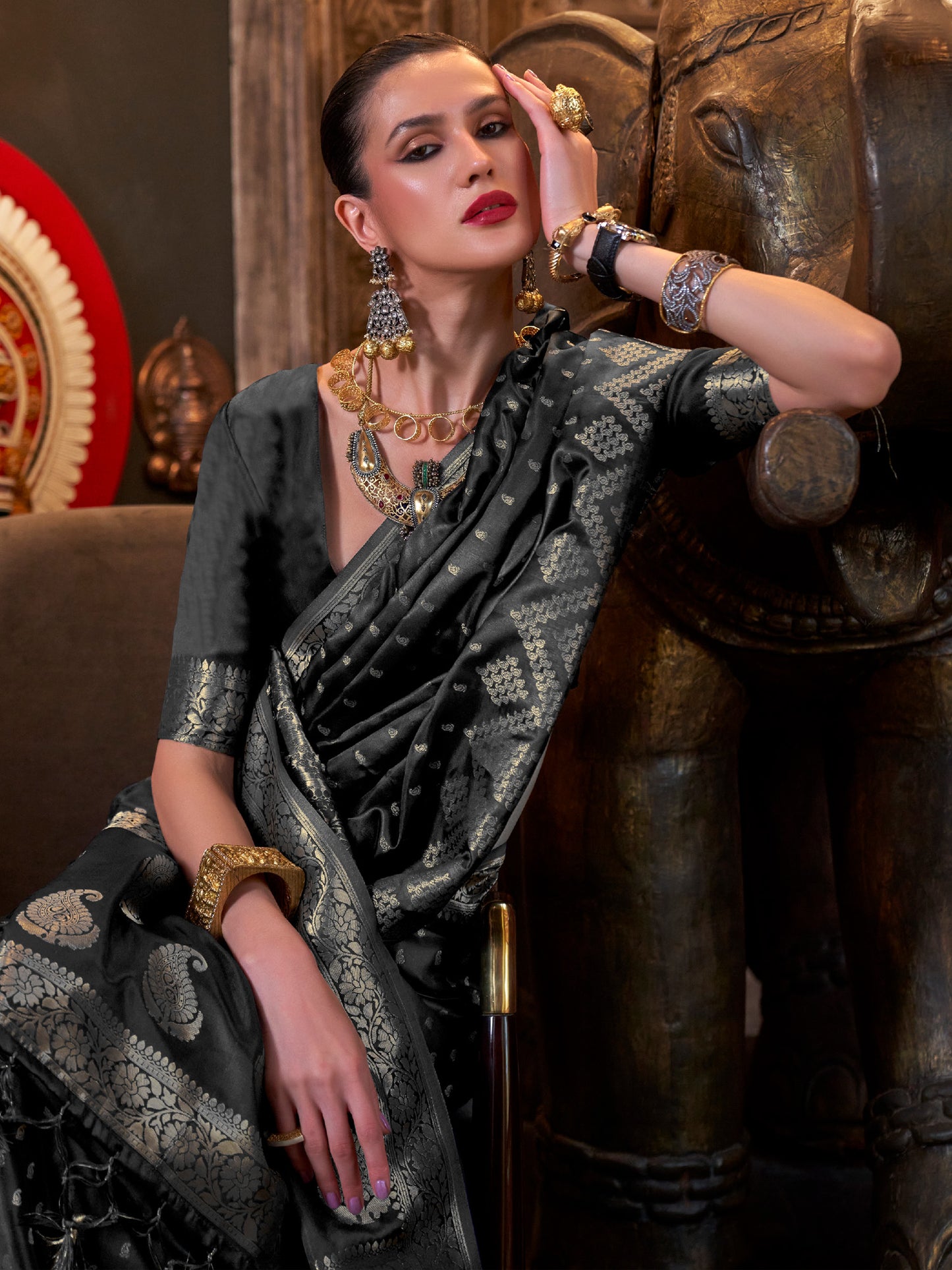Women's Satin Silk Black Woven Design Designer Saree With Blouse Piece