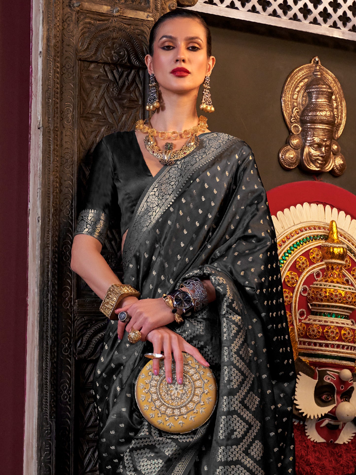 Women's Satin Silk Black Woven Design Designer Saree With Blouse Piece