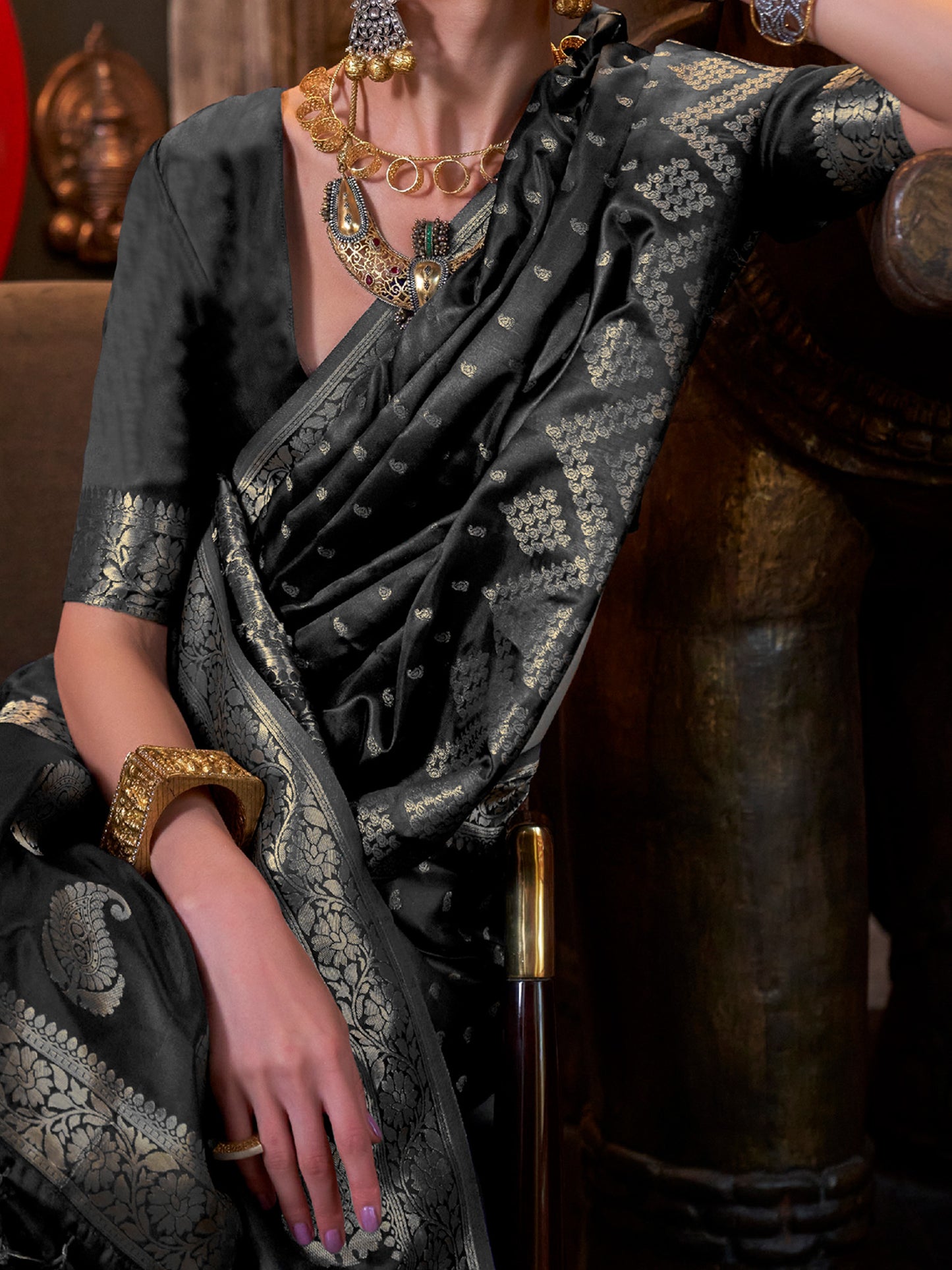 Women's Satin Silk Black Woven Design Designer Saree With Blouse Piece