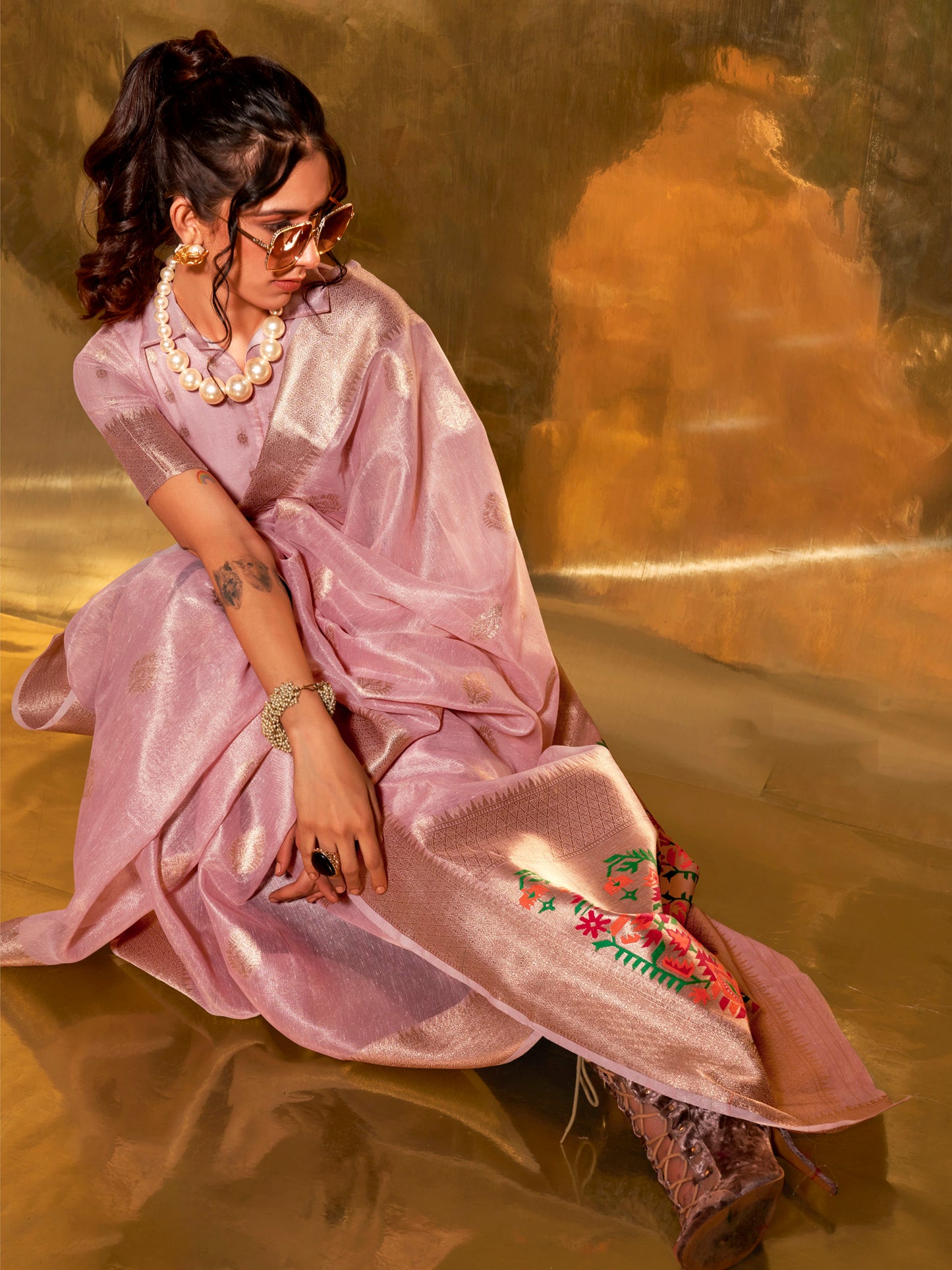 Women's Tissue Pink Woven Design Designer Saree With Blouse Piece