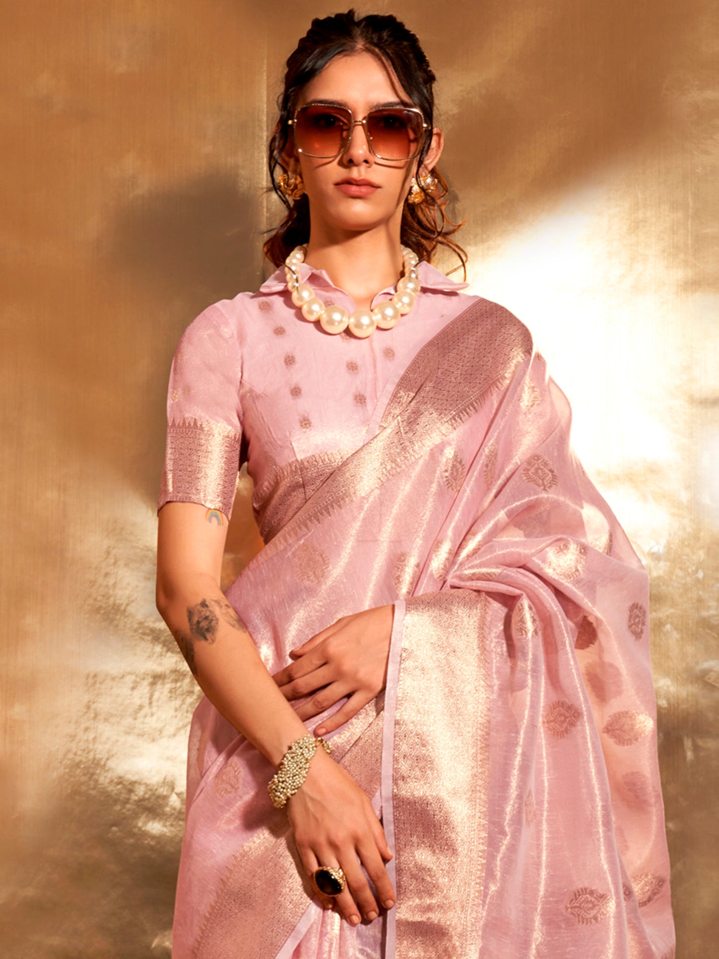 Women's Tissue Pink Woven Design Designer Saree With Blouse Piece