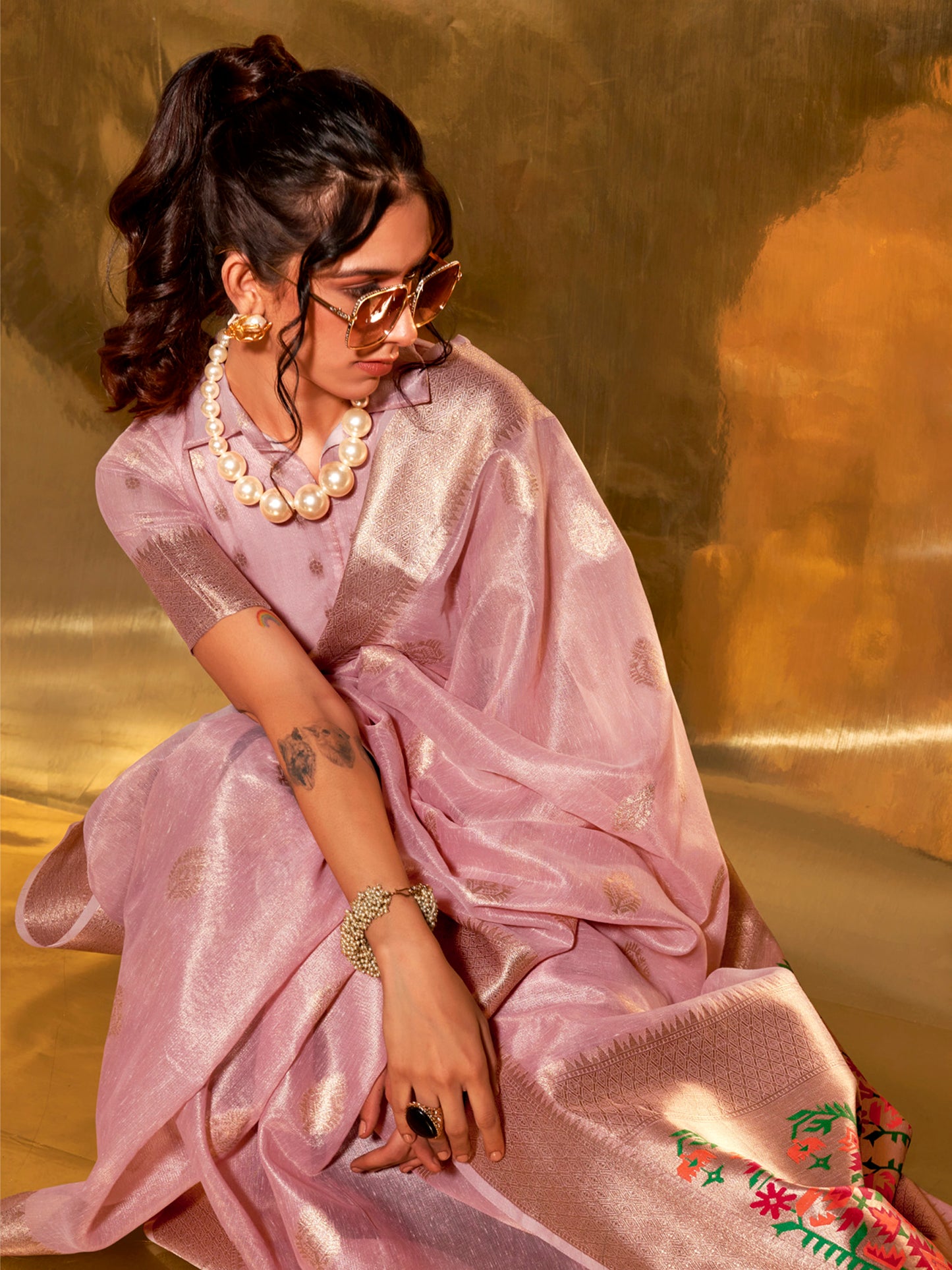 Women's Tissue Pink Woven Design Designer Saree With Blouse Piece