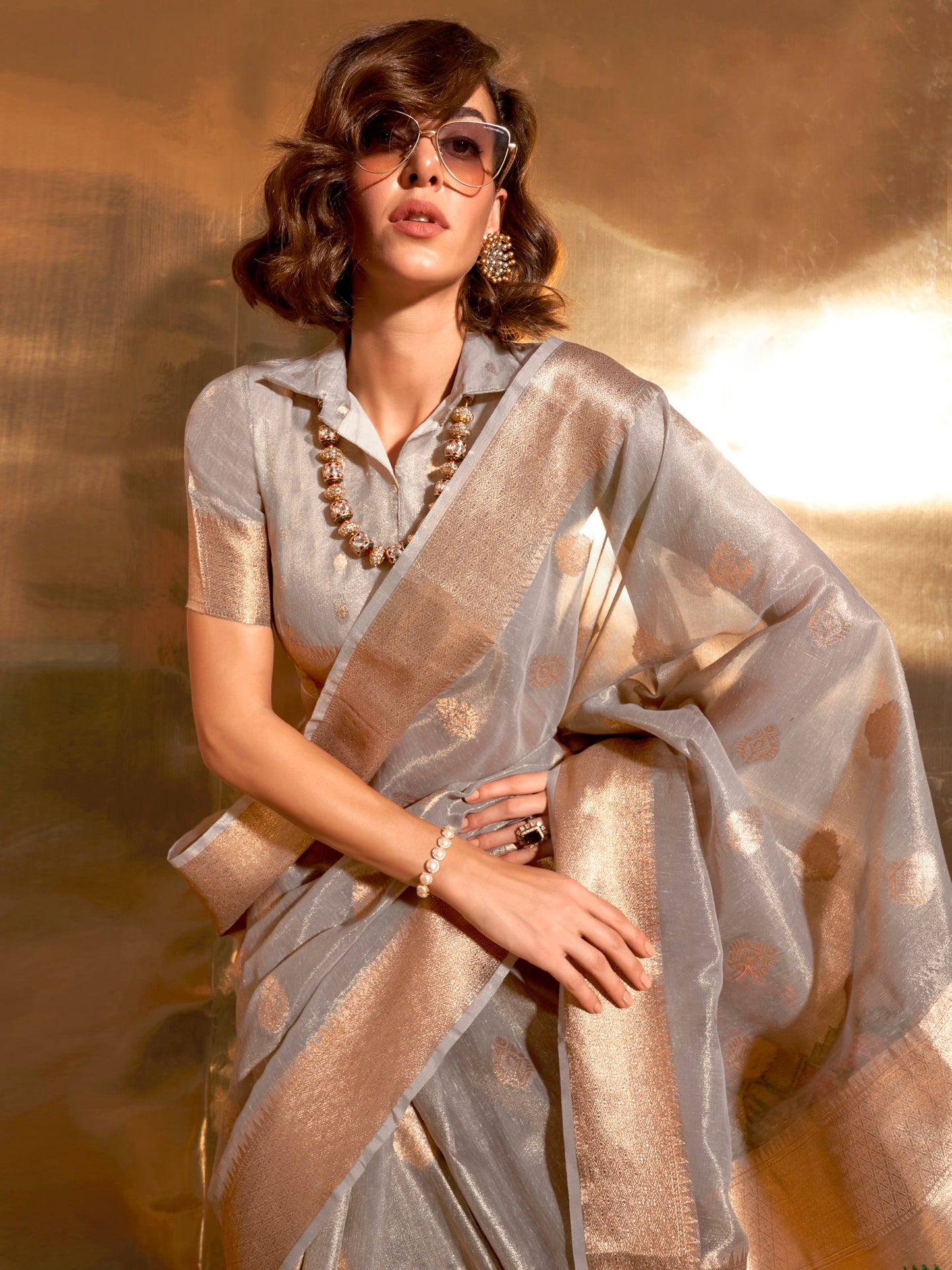 Women's Tissue Grey Woven Design Designer Saree With Blouse Piece