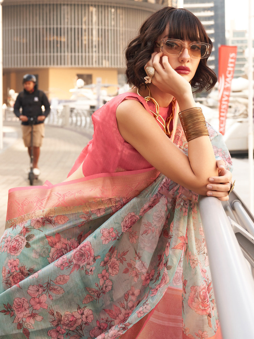 Women's Tissue Pink Woven Design Designer Saree With Blouse Piece