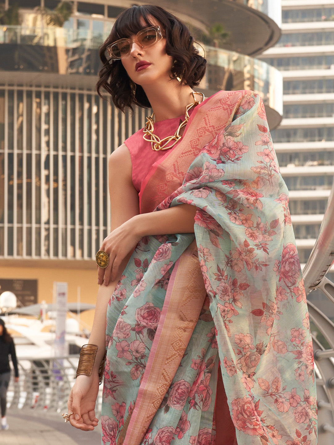 Women's Tissue Pink Woven Design Designer Saree With Blouse Piece