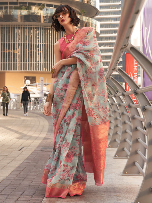 Women's Tissue Pink Woven Design Designer Saree With Blouse Piece