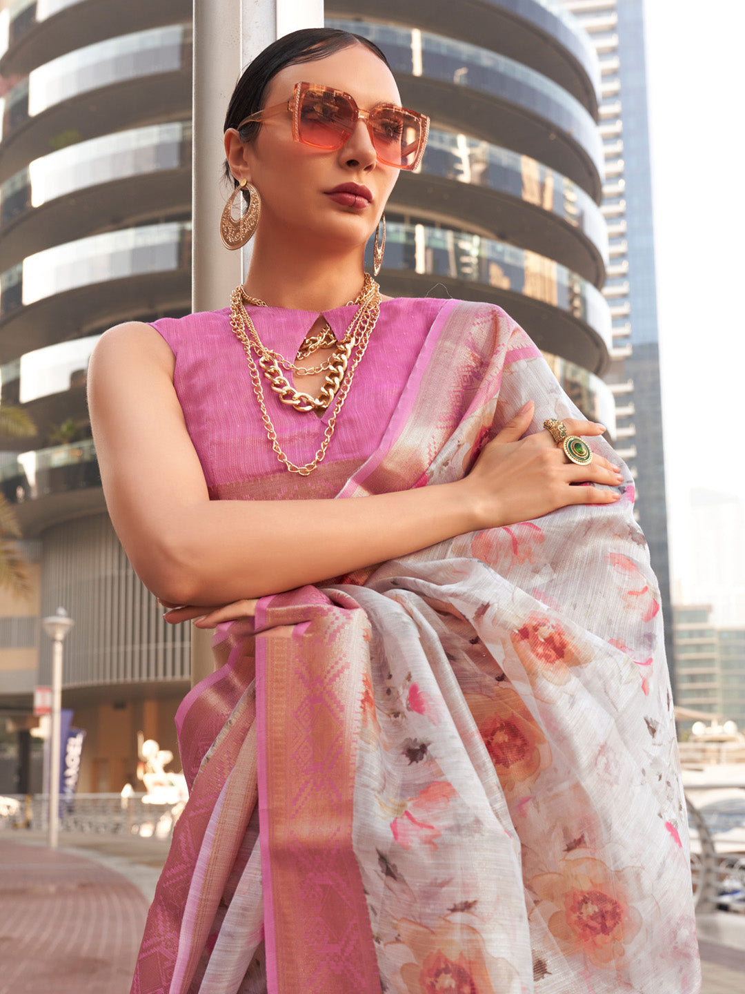 Women's Tissue Pink Woven Design Designer Saree With Blouse Piece