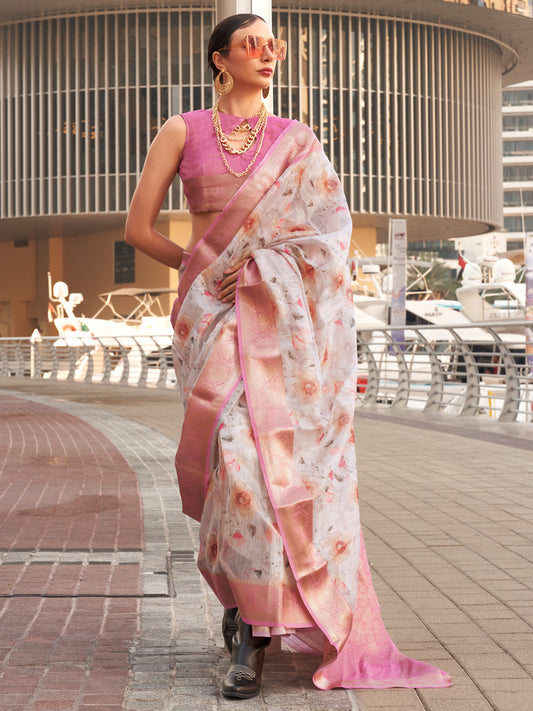 Women's Tissue Pink Woven Design Designer Saree With Blouse Piece
