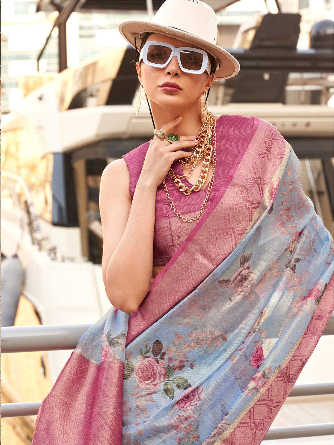 Women's Tissue Magenta Woven Design Designer Saree With Blouse Piece
