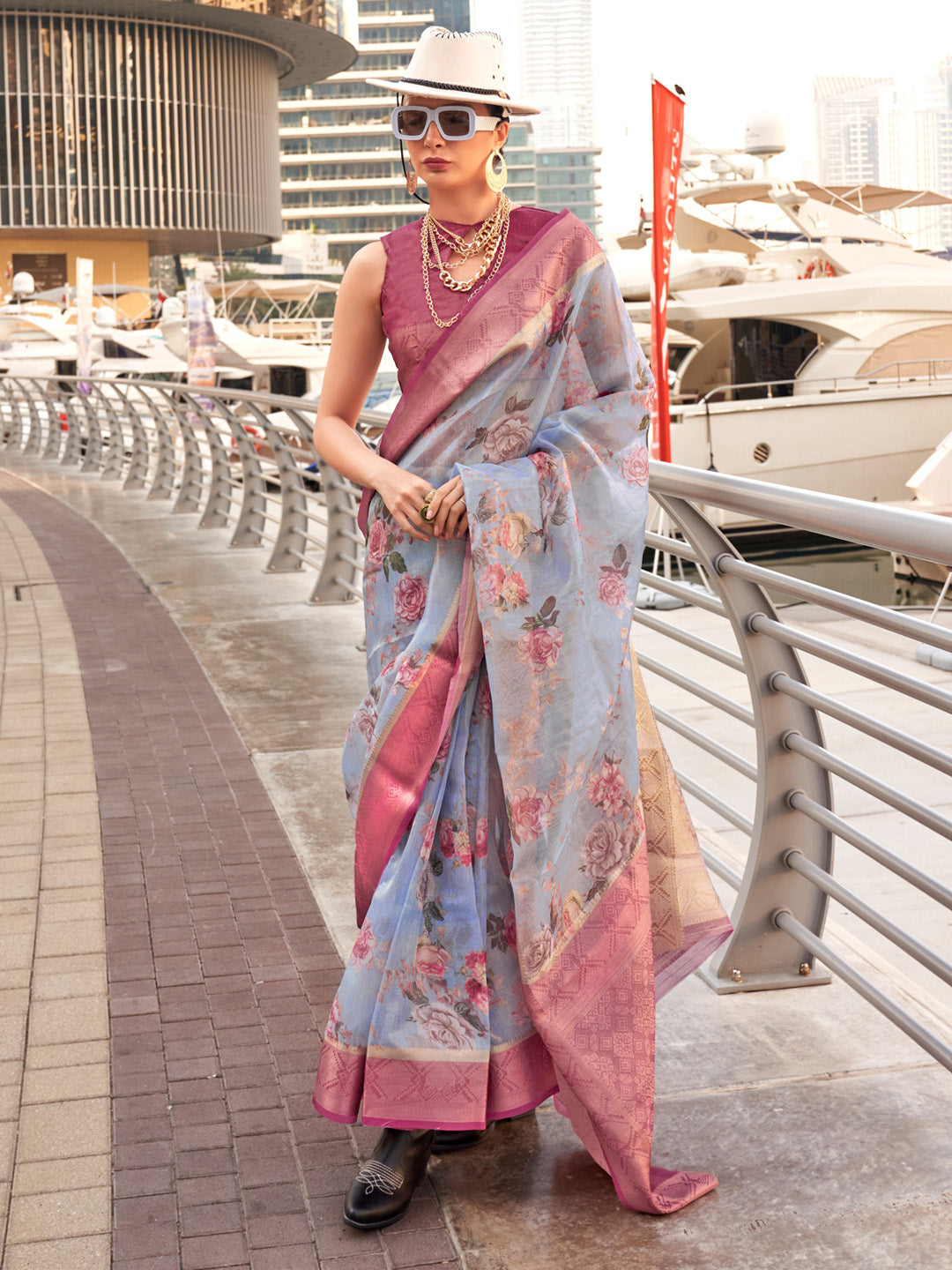 Women's Tissue Magenta Woven Design Designer Saree With Blouse Piece