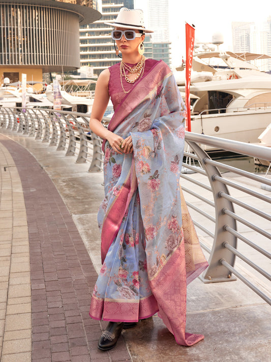 Women's Tissue Magenta Woven Design Designer Saree With Blouse Piece