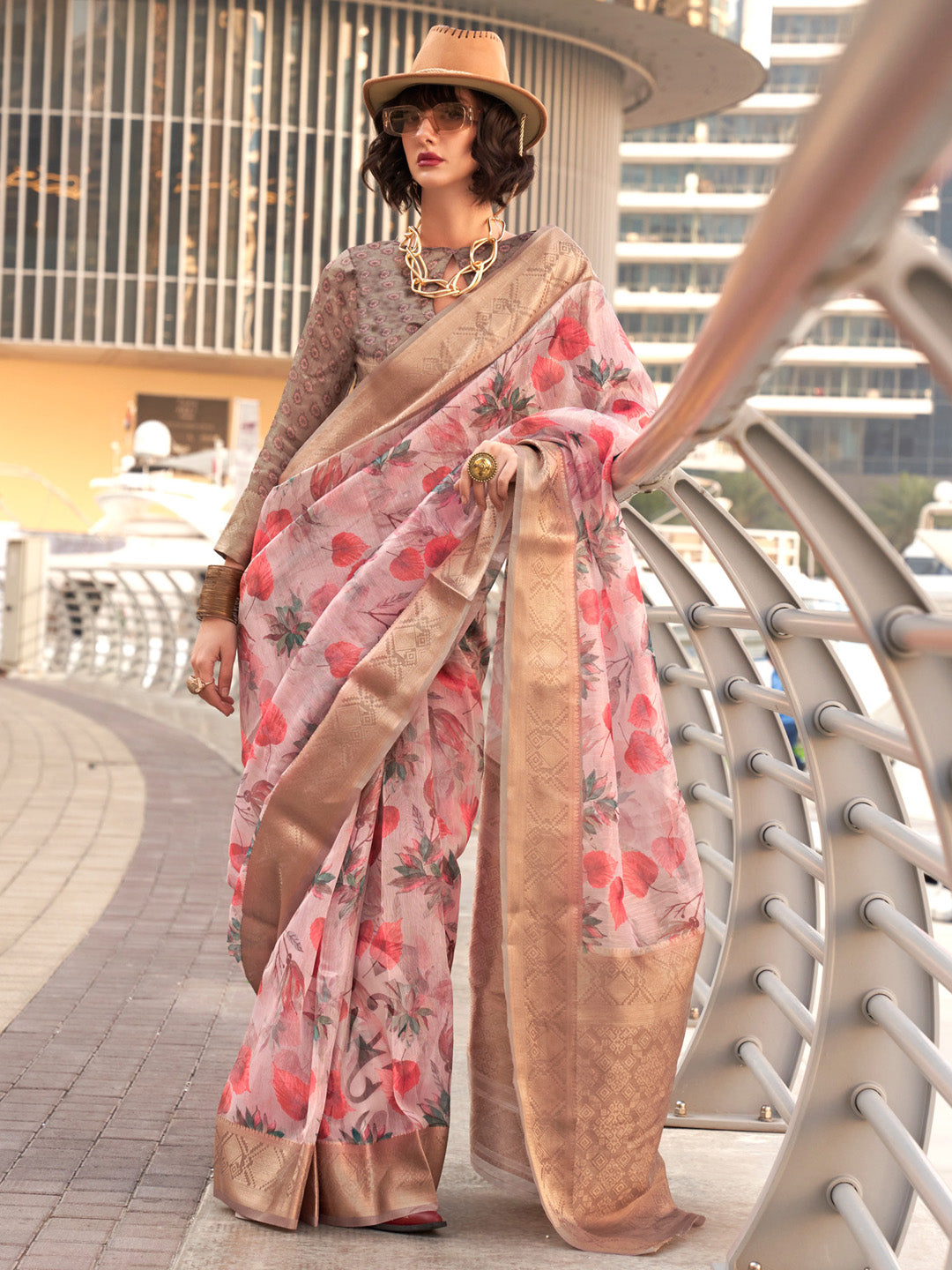 Women's Tissue Grey Woven Design Designer Saree With Blouse Piece